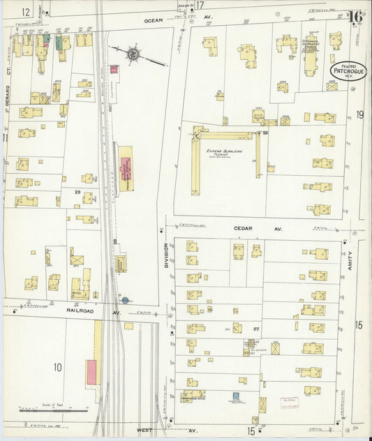 Sanborn Fire Insurance Map from Patchogue, Suffolk County, New York (1910), Sheet #0016 - Historic Sanborn Fire Insurance Map Print, vintage old map wall art, antique decor, genealogy gift, New York New York map