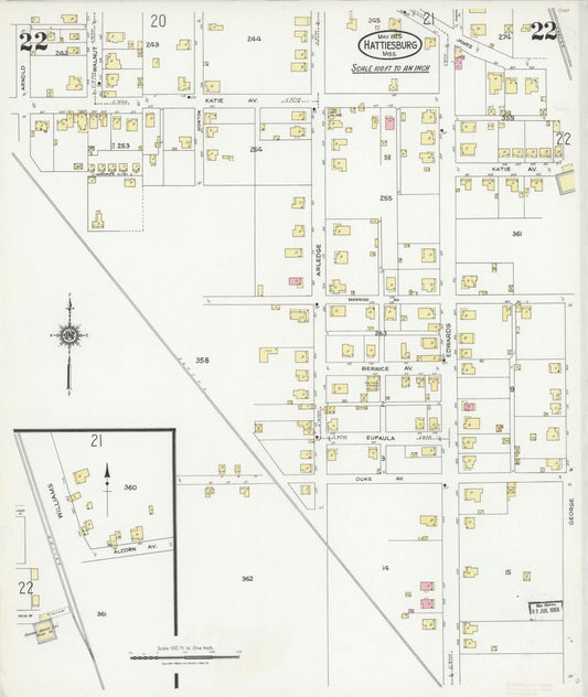 Sanborn Fire Insurance Map from Hattiesburg, Forrest County, Mississippi (1925), Sheet #0022 - Historic Sanborn Fire Insurance Map Print, vintage old map wall art, antique decor, genealogy gift, Mississippi Mississippi map