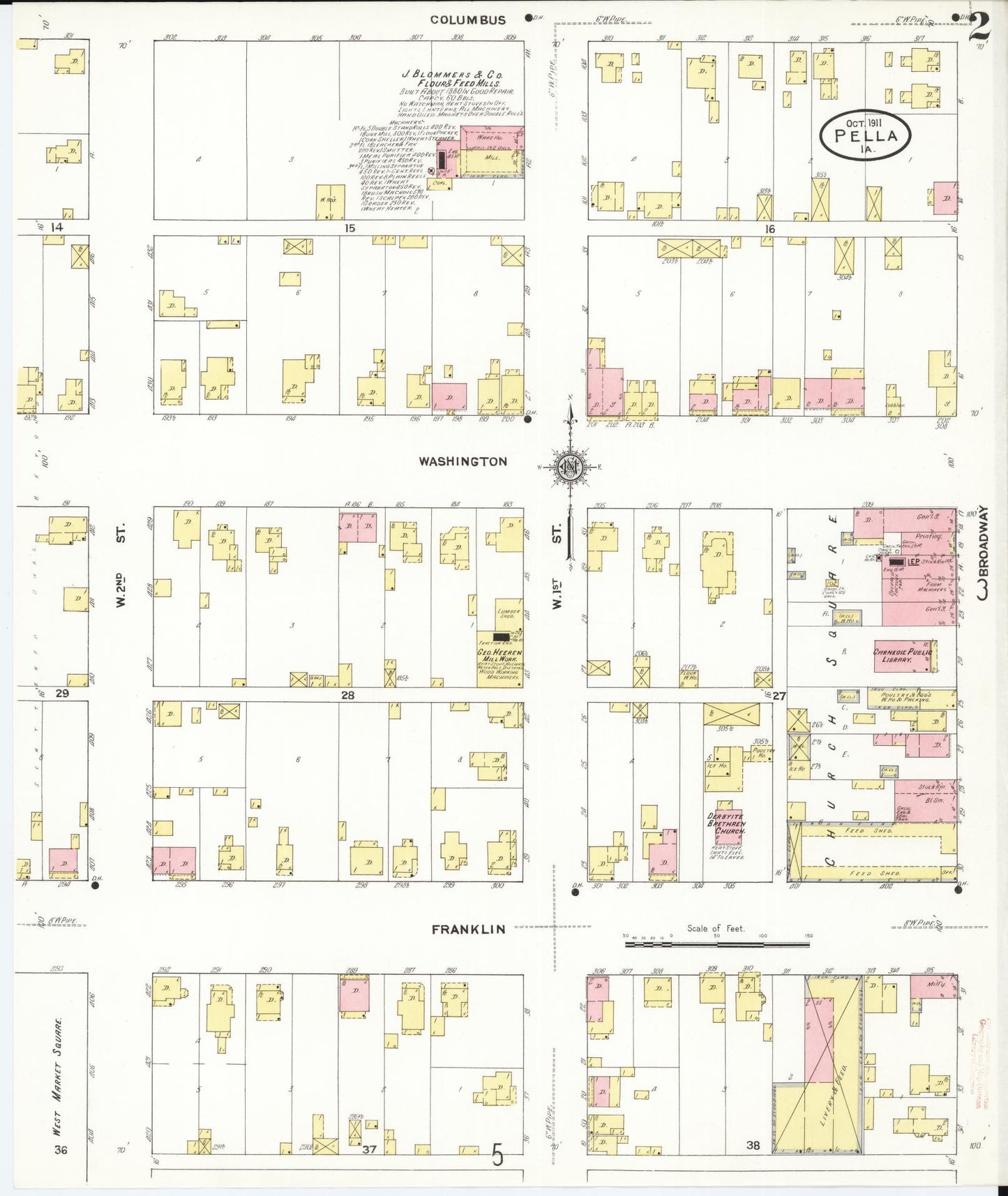 Sanborn Fire Insurance Map from Pella, Marion County, Iowa (1911), Sheet #0002 - Historic Sanborn Fire Insurance Map Print, vintage old map wall art