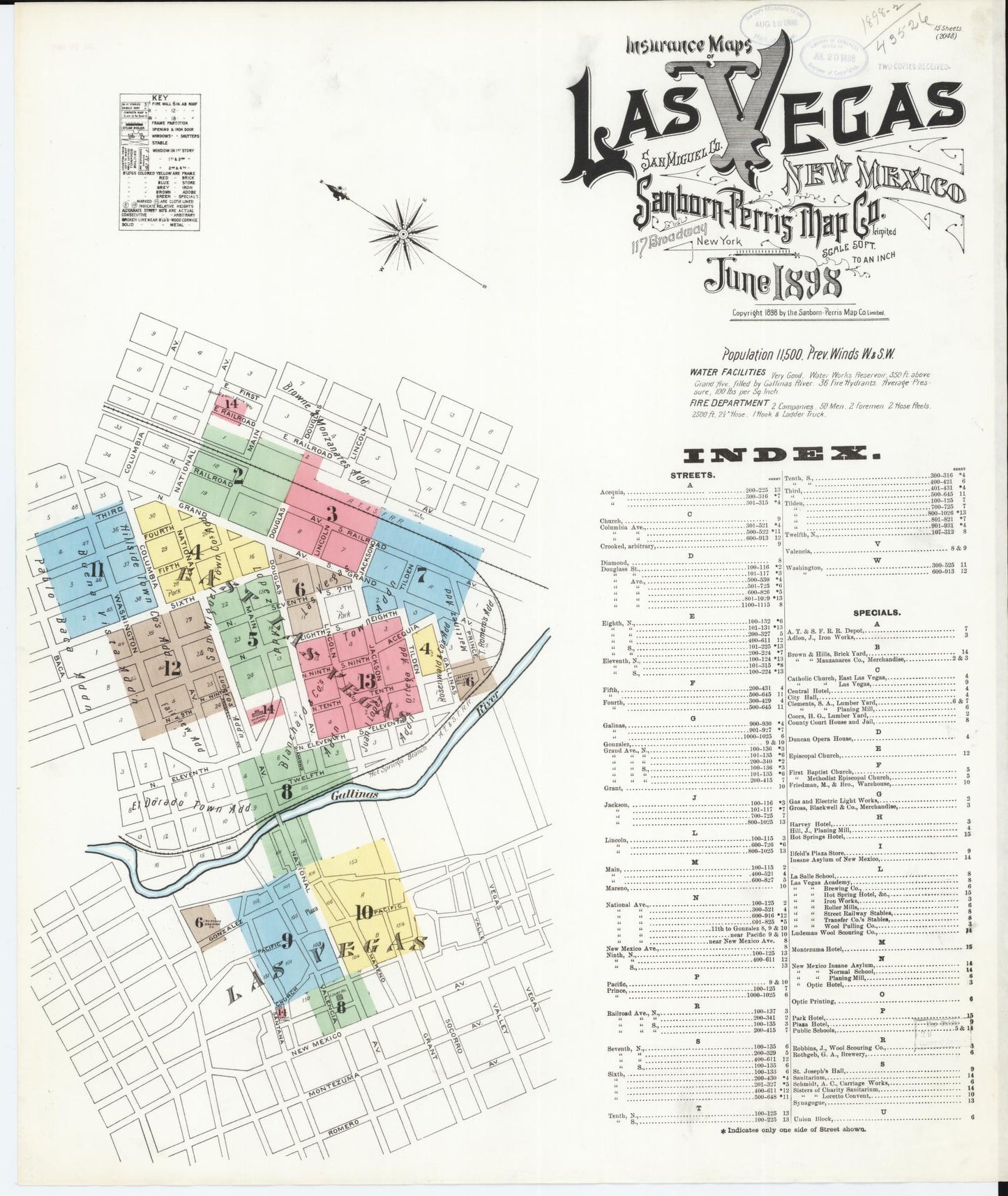 Sanborn Fire Insurance Map from Las Vegas, San Miguel County, New Mexico (1898), Sheet #0001 - Complete Map Set gallery image, historic Sanborn map, vintage wall art, New Mexico New Mexico