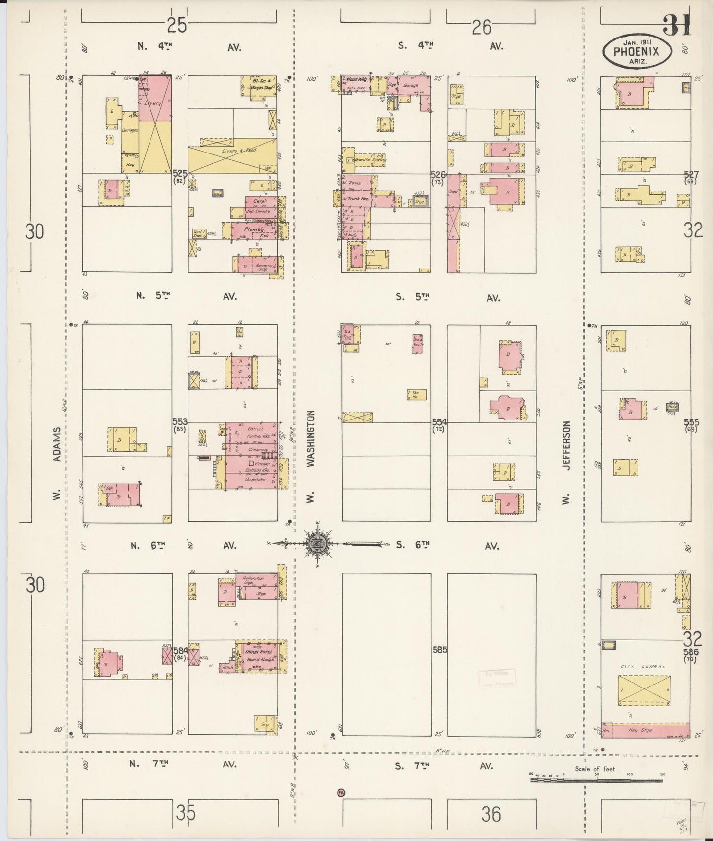 Sanborn Fire Insurance Map from Phoenix, Maricopa County, Arizona (1911), Sheet #0031 - Complete Map Set gallery image, historic Sanborn map, vintage wall art, Arizona Arizona