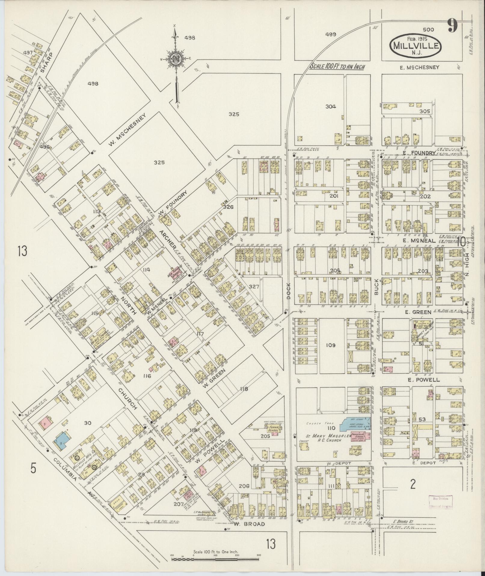 Sanborn Fire Insurance Map from Millville, Cumberland County, New Jersey (1915), Sheet #0009 - Historic Sanborn Fire Insurance Map Print, vintage old map wall art, antique decor, genealogy gift, New Jersey New Jersey map