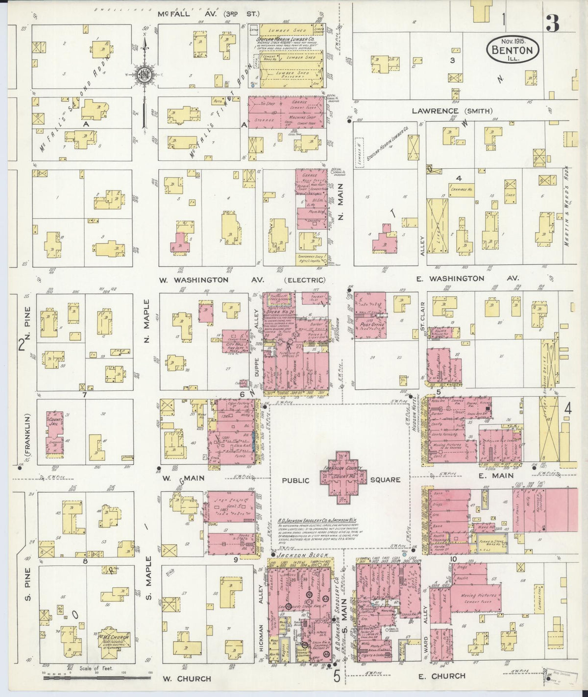 Sanborn Fire Insurance Map from Benton, Franklin County, Illinois (1915), Sheet #0003 - Complete Map Set gallery image, historic Sanborn map, vintage wall art, Illinois Illinois