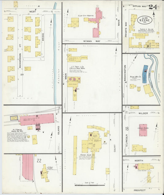 Sanborn Fire Insurance Map from Keene, Cheshire County, New Hampshire (1908), Sheet #0024 - Historic Sanborn Fire Insurance Map Print, vintage old map wall art, antique decor, genealogy gift, New Hampshire New Hampshire map