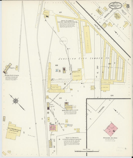 Sanborn Fire Insurance Map from Prescott, Nevada County, Arkansas (1913), Sheet #0008 - Historic Sanborn Fire Insurance Map Print, vintage old map wall art, antique decor, genealogy gift, Prescott Nevada map