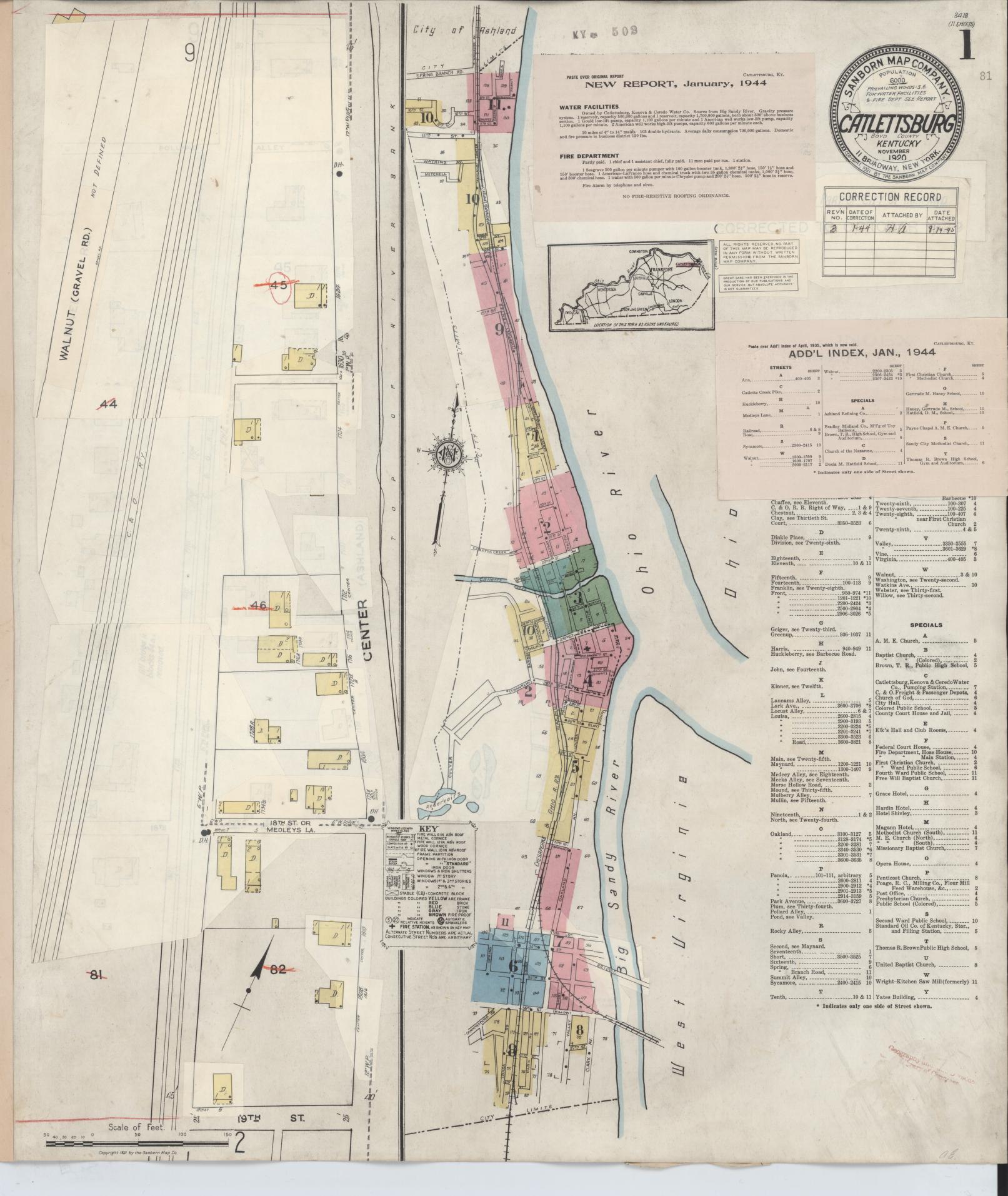 Sanborn Fire Insurance Map from Catlettsburg, Boyd County, Kentucky (1944), Sheet #0001 - Historic Sanborn Fire Insurance Map Print, vintage old map wall art, antique decor, genealogy gift, Kentucky Kentucky map