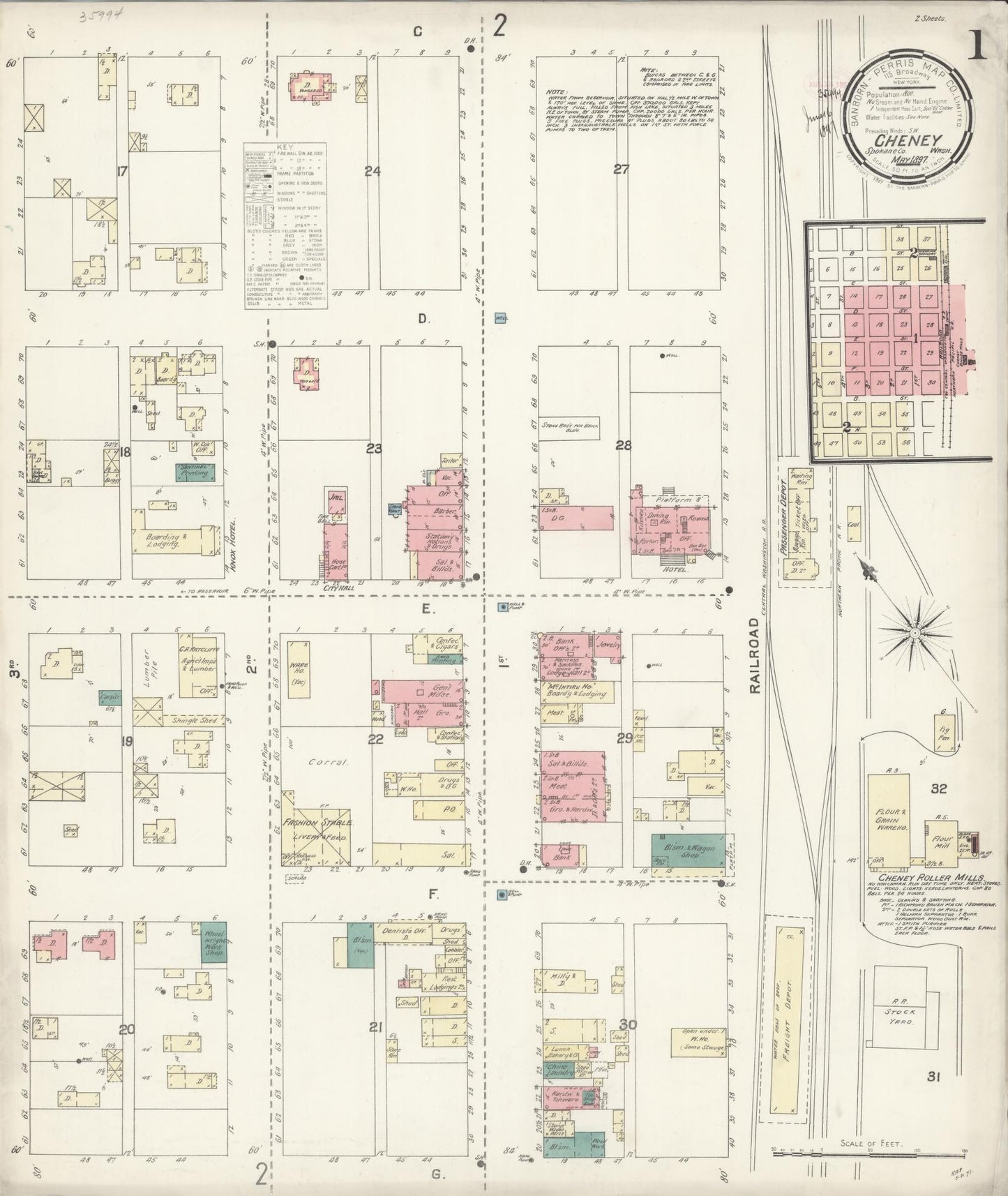 Sanborn Fire Insurance Map from Cheney, Spokane County, Washington (1897), Sheet #0001 - Complete Map Set gallery image, historic Sanborn map, vintage wall art, Washington Washington