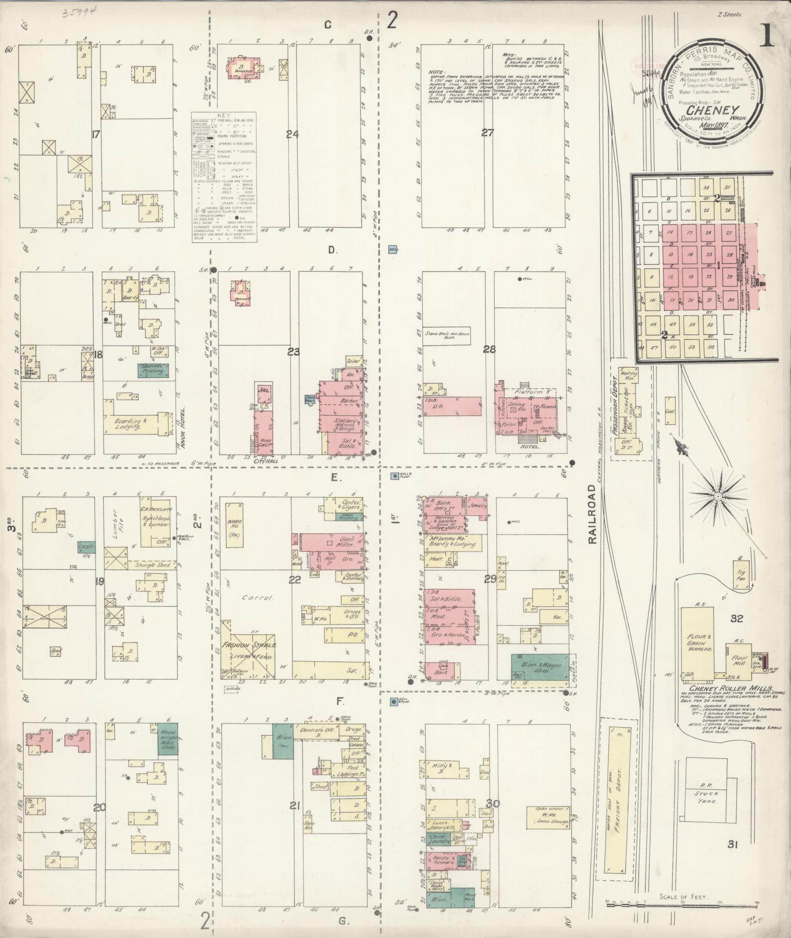 Sanborn Fire Insurance Map from Cheney, Spokane County, Washington (1897), Sheet #0001 - Complete Map Set gallery image, historic Sanborn map, vintage wall art, Washington Washington