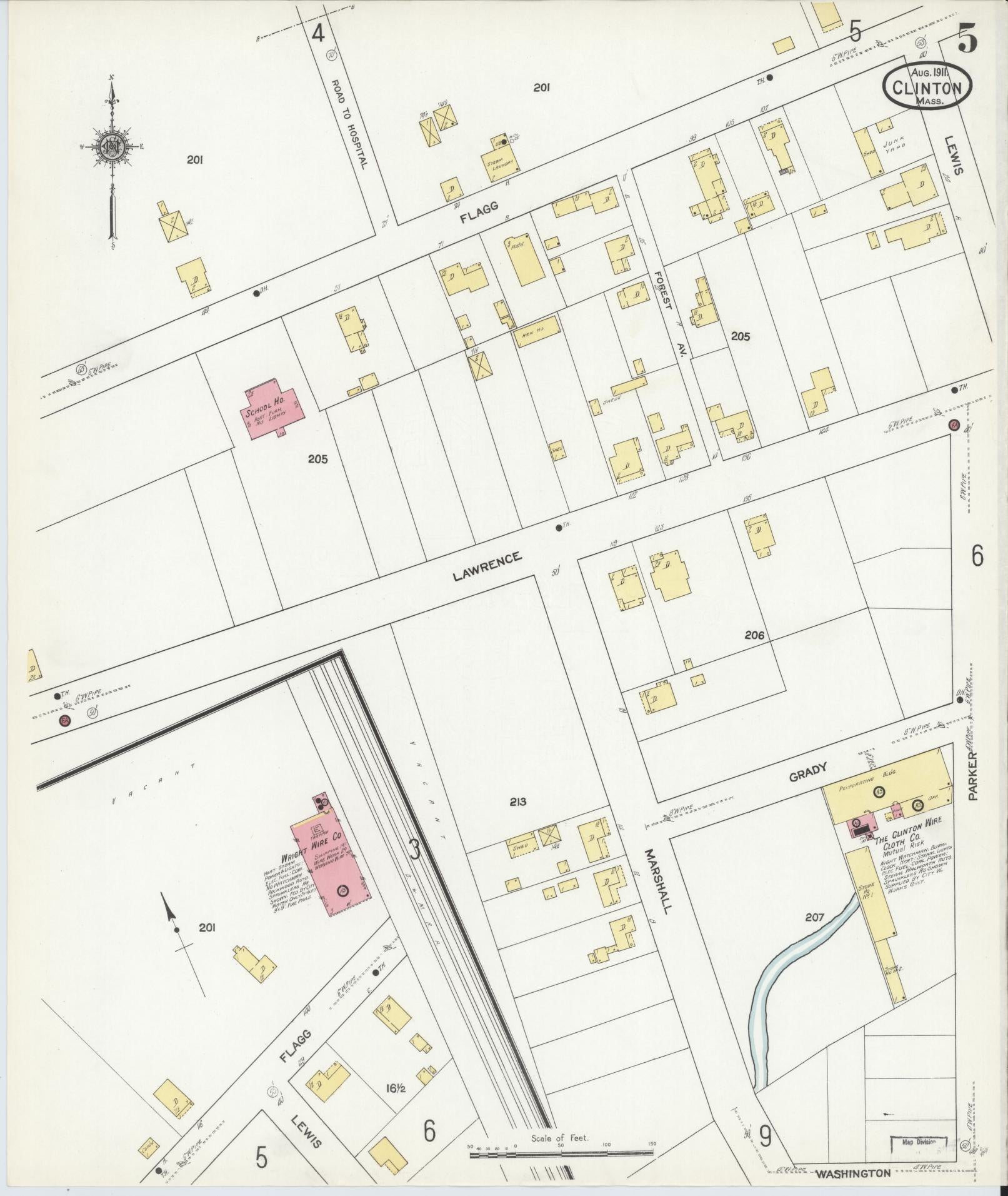 Sanborn Fire Insurance Map from Clinton, Worcester County, Massachusetts (1911), Sheet #0005 - Historic Sanborn Fire Insurance Map Print, vintage old map wall art, antique decor, genealogy gift, Massachusetts Massachusetts map