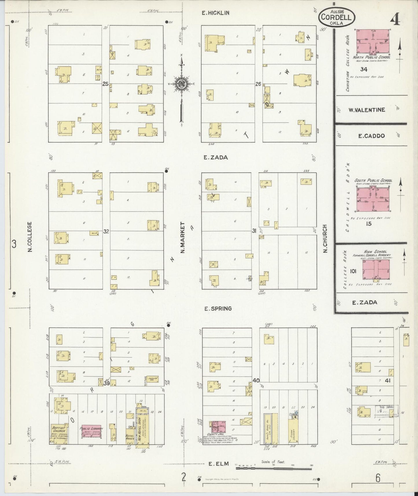 Sanborn Fire Insurance Map from Cordell, Washita County, Oklahoma (1916), Sheet #0004 - Complete Map Set gallery image, historic Sanborn map, vintage wall art, Oklahoma Oklahoma