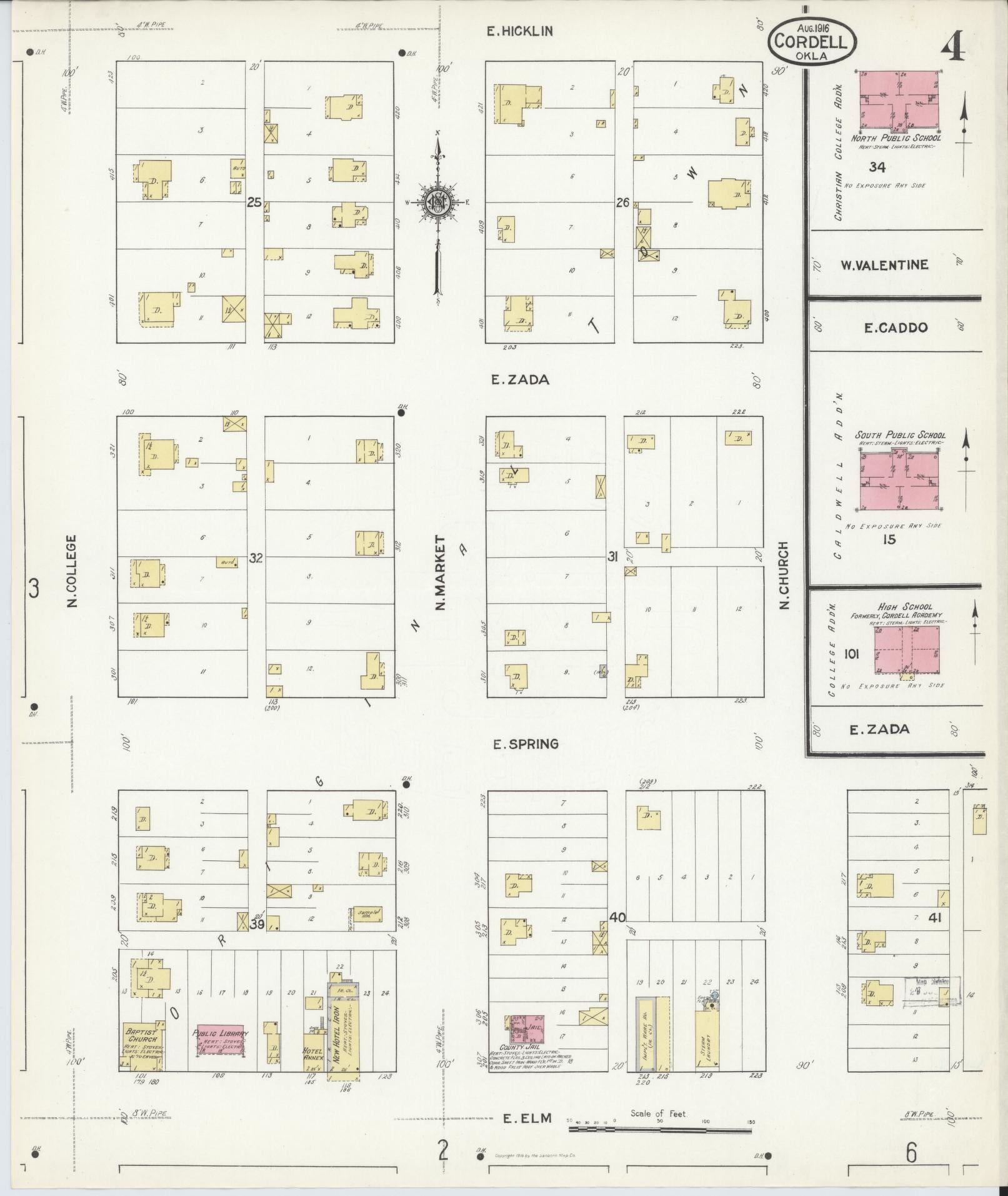 Sanborn Fire Insurance Map from Cordell, Washita County, Oklahoma (1916), Sheet #0004 - Complete Map Set gallery image, historic Sanborn map, vintage wall art, Oklahoma Oklahoma