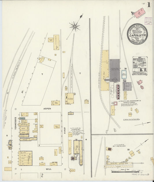 Sanborn Fire Insurance Map from La Follette, Campbell County, Tennessee (1906), Sheet #0001 - Complete Map Set gallery image, historic Sanborn map, vintage wall art, Tennessee Tennessee