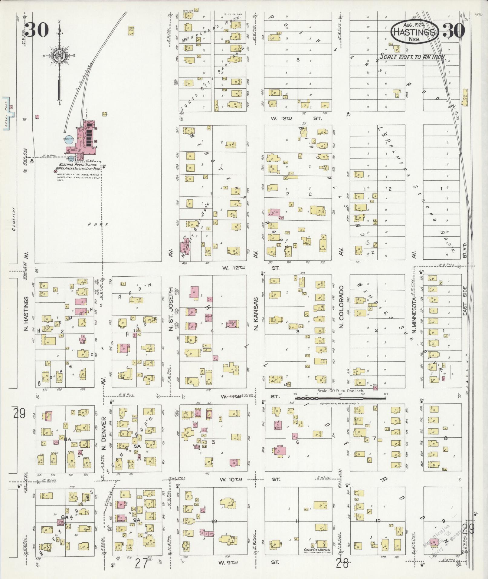 Sanborn Fire Insurance Map from Hastings, Adams County, Nebraska (1924), Sheet #0030 - Historic Sanborn Fire Insurance Map Print, vintage old map wall art, antique decor, genealogy gift, Nebraska Nebraska map