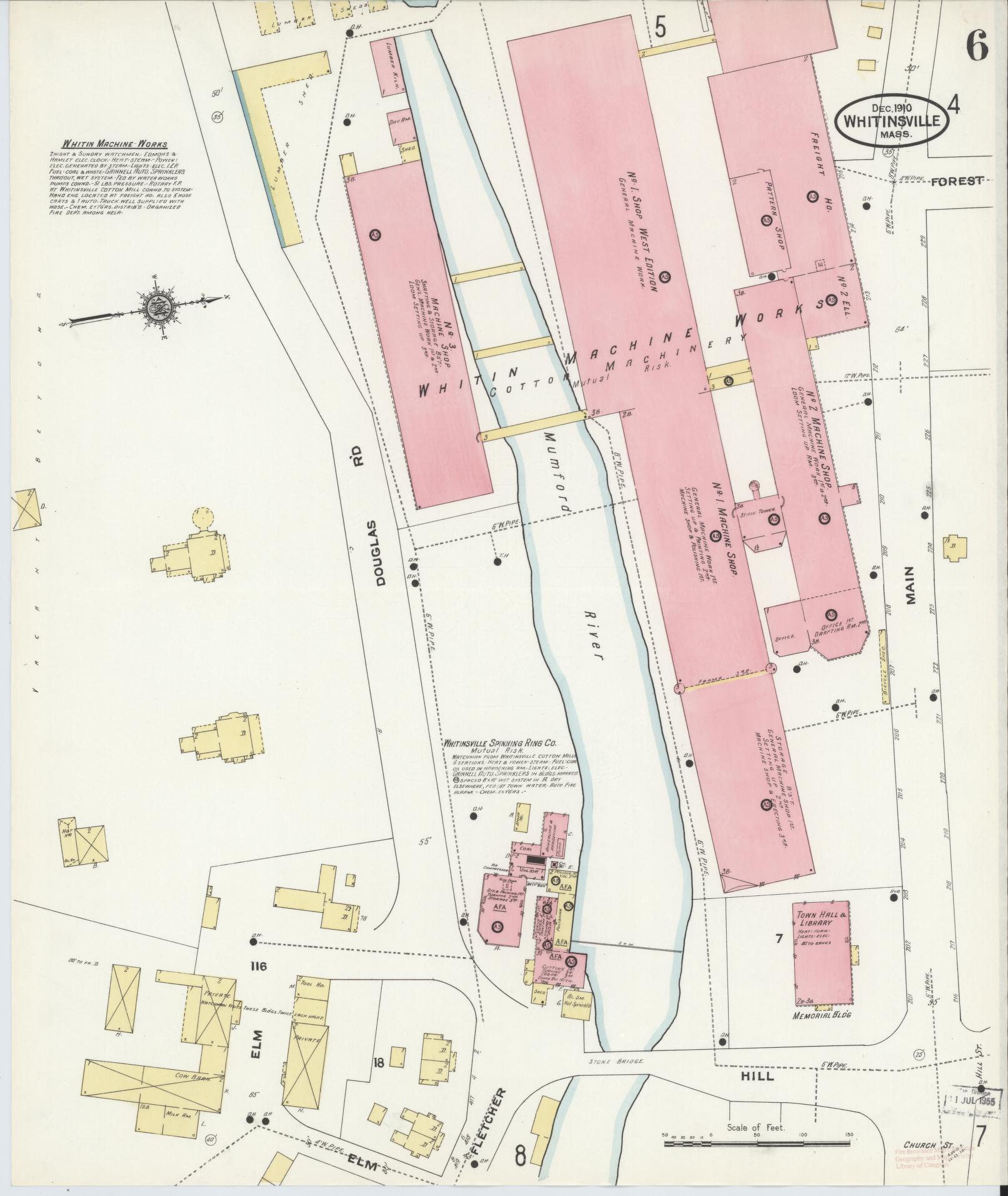 Sanborn Fire Insurance Map from Whitinsville, Worcester County, Massachusetts (1910), Sheet #0006 - Historic Sanborn Fire Insurance Map Print, vintage old map wall art, antique decor, genealogy gift, Massachusetts Massachusetts map