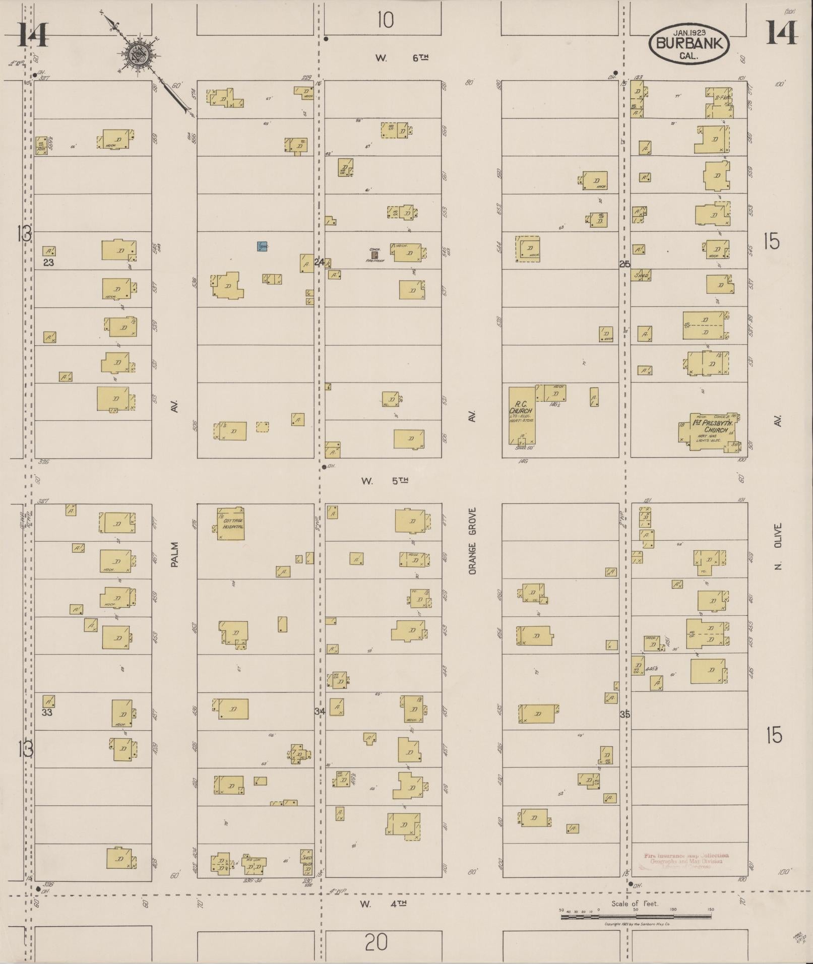 Sanborn Fire Insurance Map from Burbank, Los Angeles County, California (1923), Sheet #0014 - Historic Sanborn Fire Insurance Map Print, vintage old map wall art, antique decor, genealogy gift, California California map