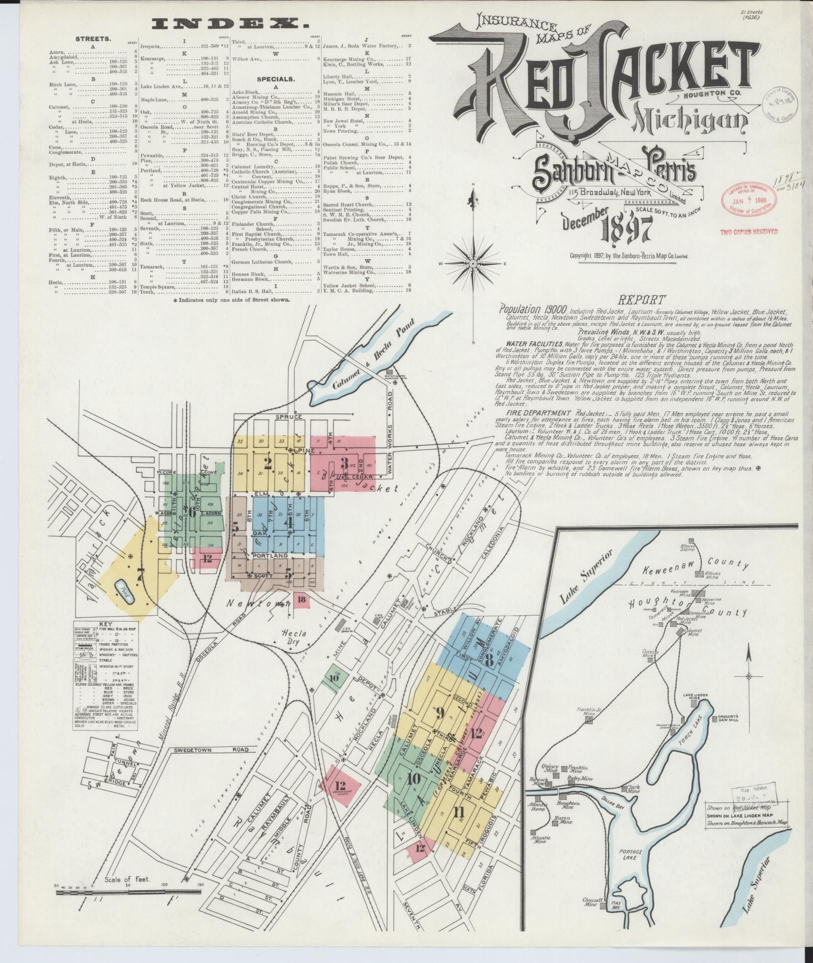 Sanborn Fire Insurance Map from Red Jacket, Houghton County, Michigan (1897), Sheet #0001 - Complete Map Set gallery image, historic Sanborn map, vintage wall art, Michigan Michigan