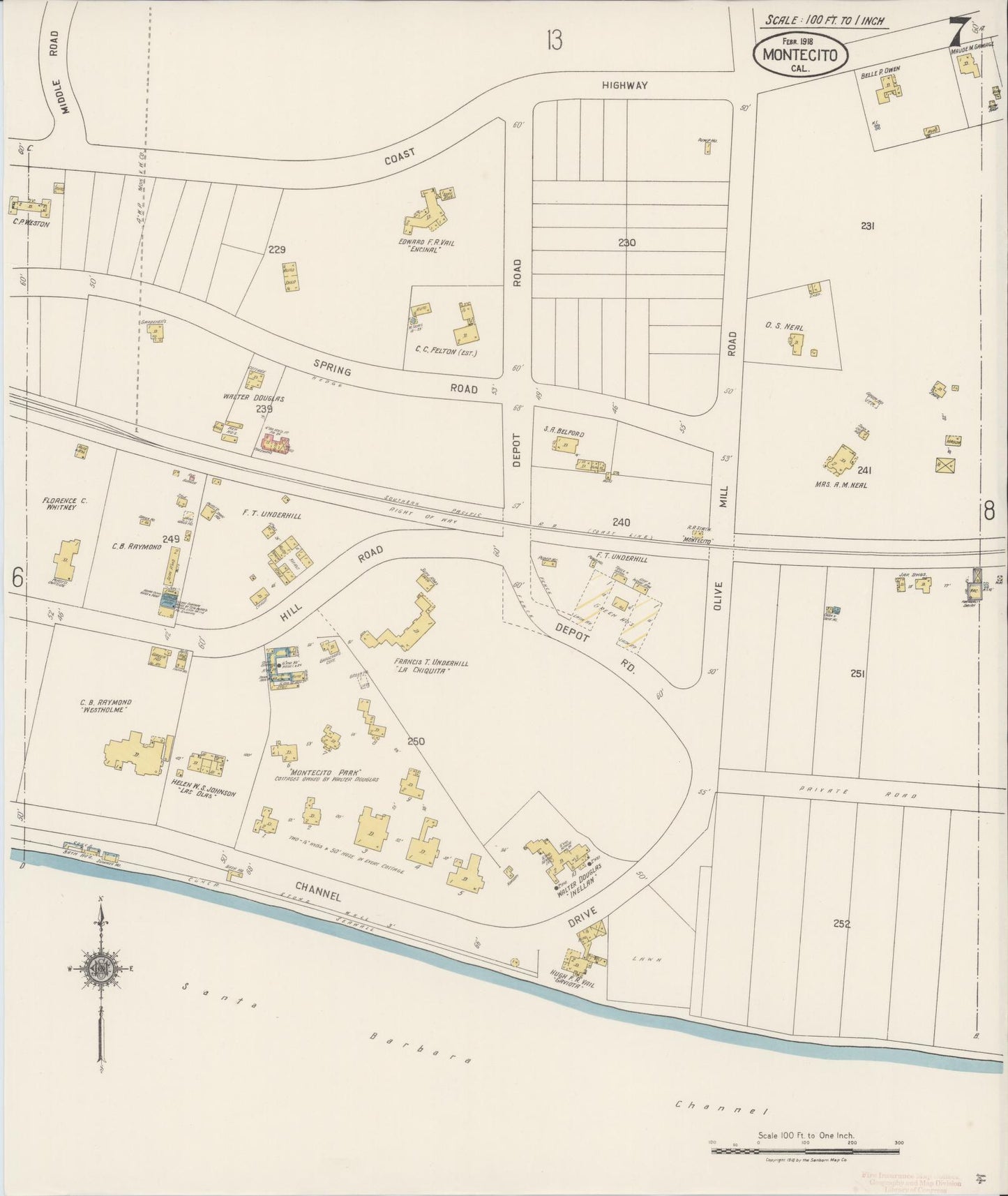 Sanborn Fire Insurance Map from Montecito, Santa Barbara County, California (1918), Sheet #0007 - Complete Map Set gallery image, historic Sanborn map, vintage wall art, California California