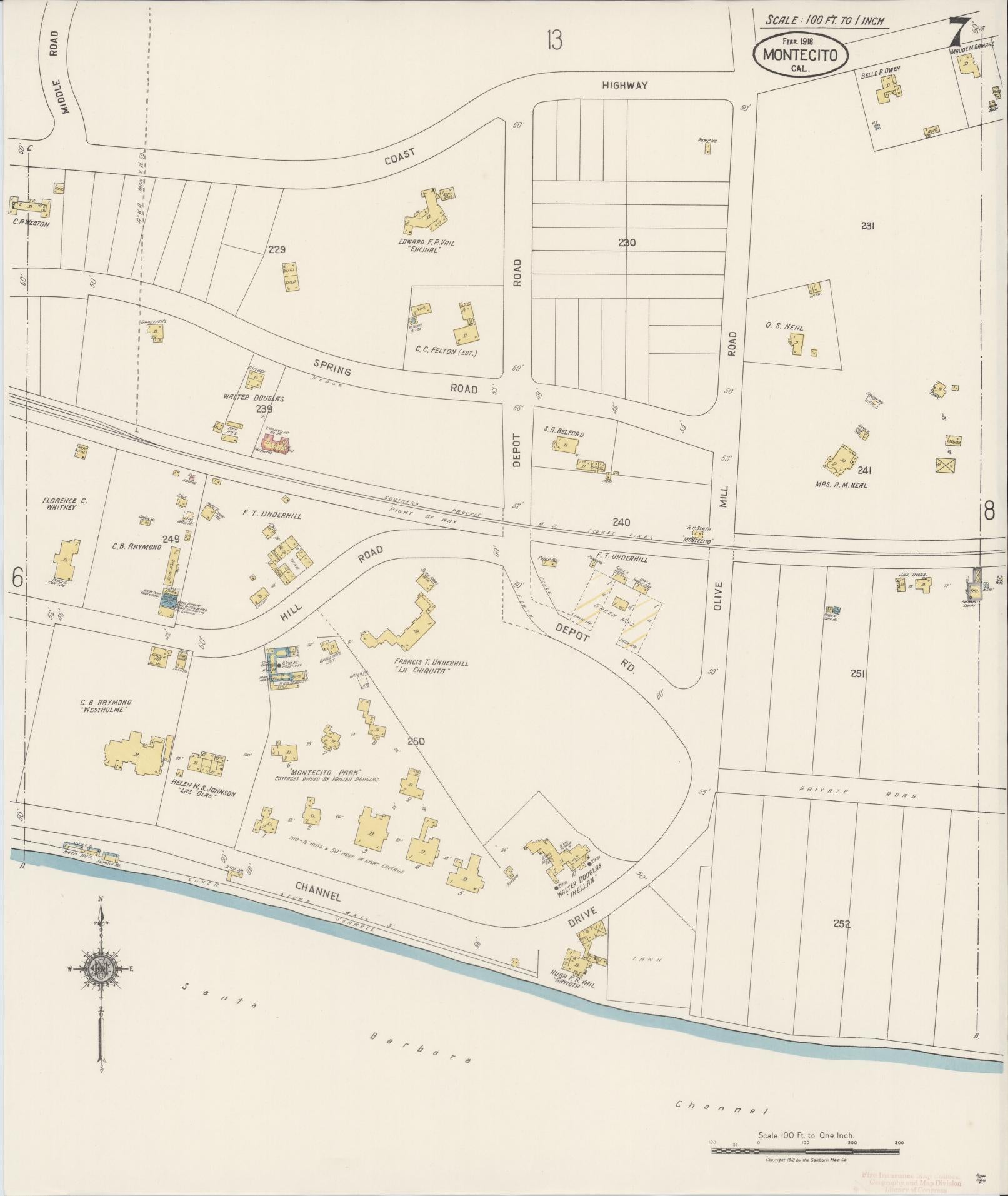 Sanborn Fire Insurance Map from Montecito, Santa Barbara County, California (1918), Sheet #0007 - Complete Map Set gallery image, historic Sanborn map, vintage wall art, California California