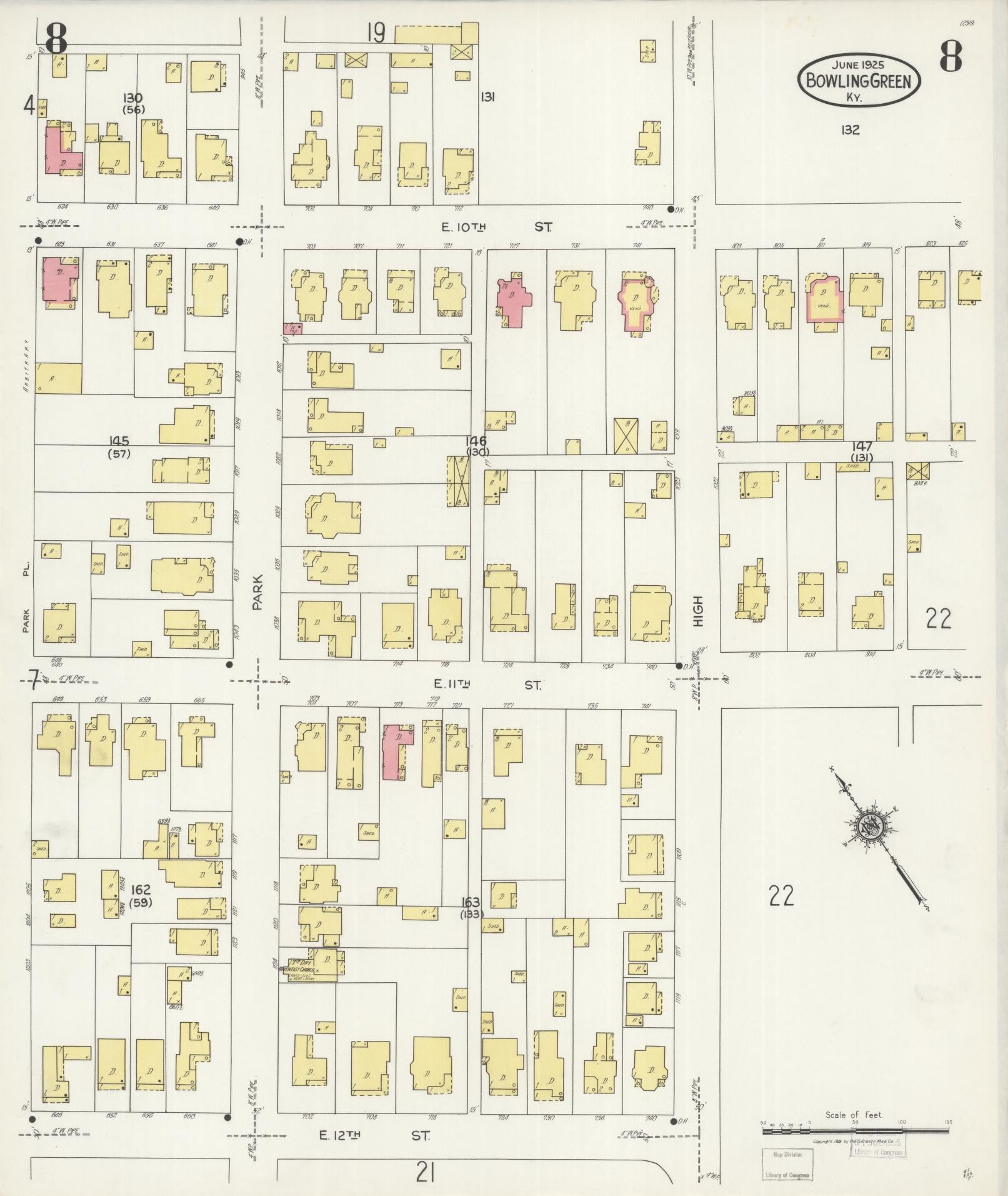 Sanborn Fire Insurance Map from Bowling Green, Warren County, Kentucky (1925), Sheet #0008 - Historic Sanborn Fire Insurance Map Print, vintage old map wall art, antique decor, genealogy gift, Kentucky Kentucky map