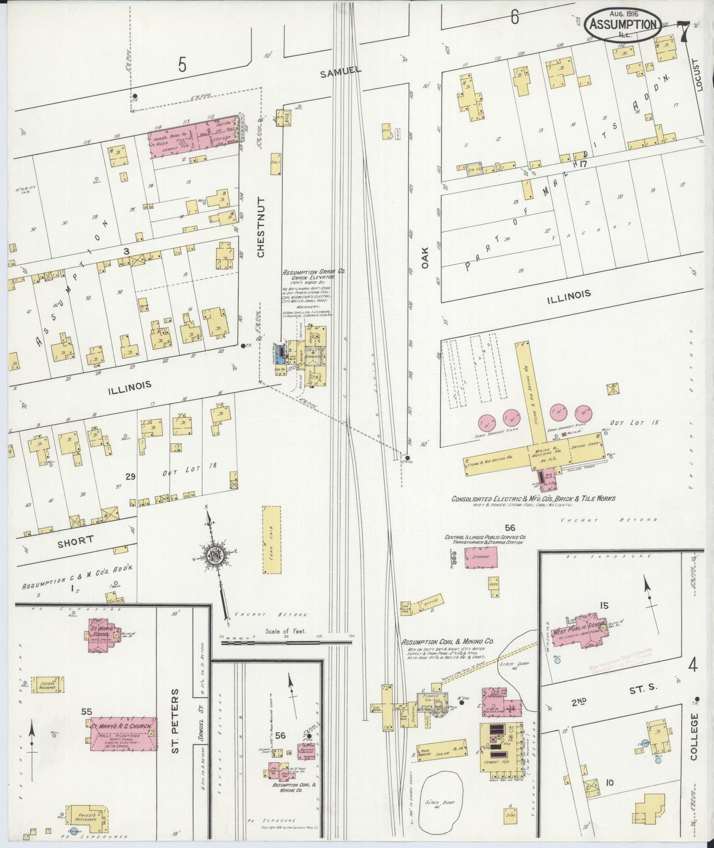 Sanborn Fire Insurance Map from Assumption, Christian County, Illinois (1916), Sheet #0007 - Historic Sanborn Fire Insurance Map Print, vintage old map wall art, antique decor, genealogy gift, Illinois Illinois map