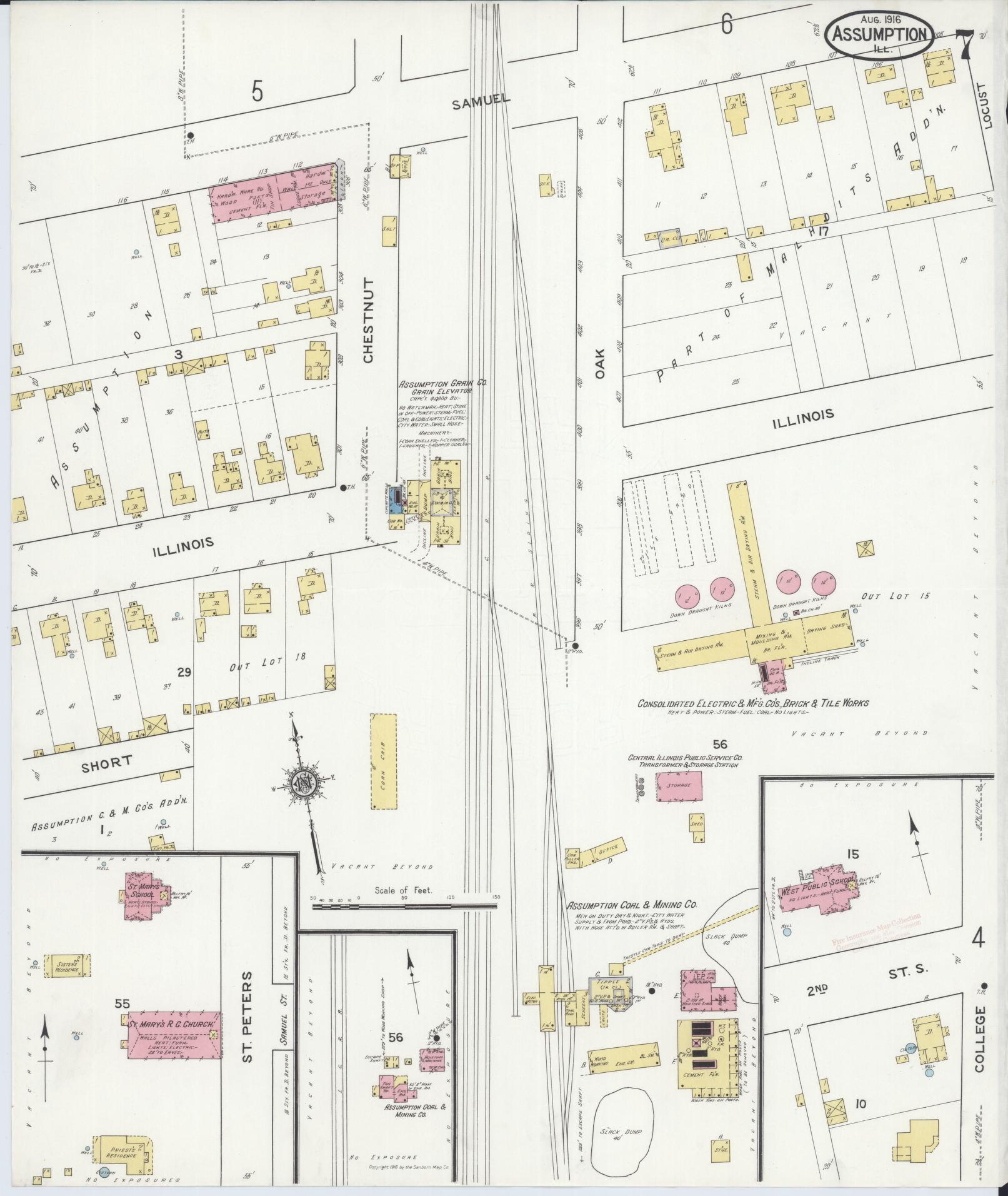 Sanborn Fire Insurance Map from Assumption, Christian County, Illinois (1916), Sheet #0007 - Historic Sanborn Fire Insurance Map Print, vintage old map wall art, antique decor, genealogy gift, Illinois Illinois map