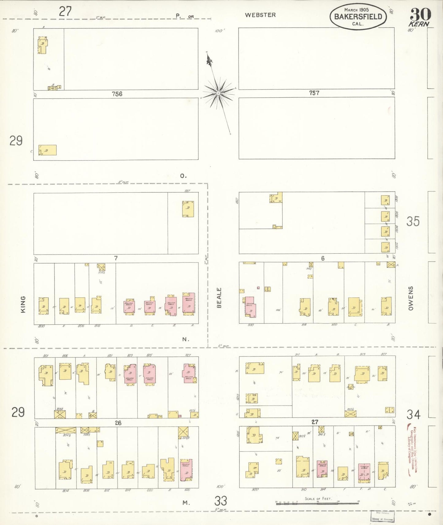 Sanborn Fire Insurance Map from Bakersfield, Kern County, California (1905), Sheet #0030 - Historic Sanborn Fire Insurance Map Print, vintage old map wall art, antique decor, genealogy gift, California California map