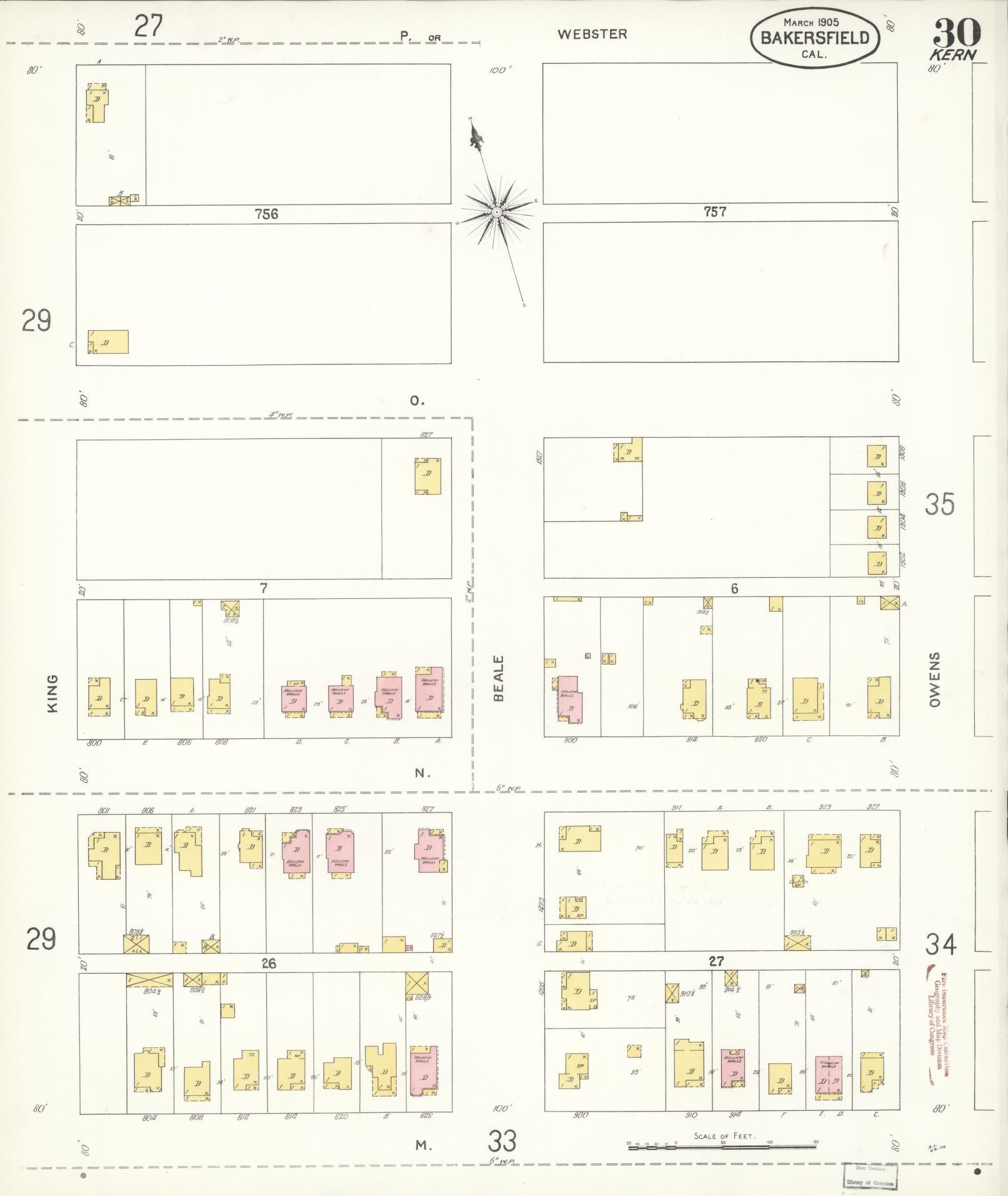 Sanborn Fire Insurance Map from Bakersfield, Kern County, California (1905), Sheet #0030 - Historic Sanborn Fire Insurance Map Print, vintage old map wall art, antique decor, genealogy gift, California California map