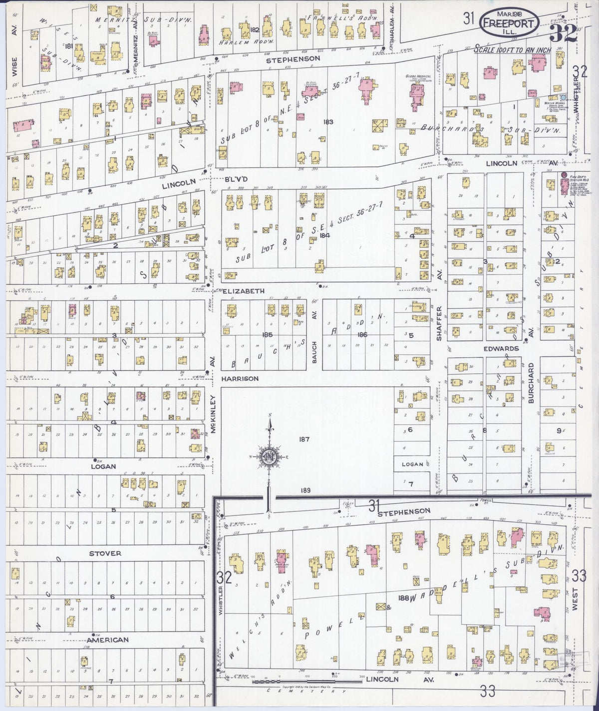 Sanborn Fire Insurance Map from Freeport, Stephenson County, Illinois (1918), Sheet #0032 - Historic Sanborn Fire Insurance Map Print, vintage old map wall art, antique decor, genealogy gift, Illinois Illinois map