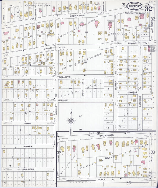 Sanborn Fire Insurance Map from Freeport, Stephenson County, Illinois (1918), Sheet #0032 - Historic Sanborn Fire Insurance Map Print, vintage old map wall art, antique decor, genealogy gift, Illinois Illinois map