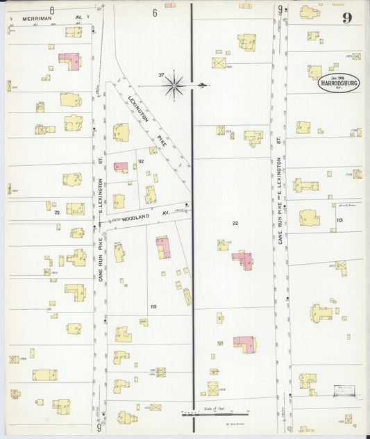 Sanborn Fire Insurance Map from Harrodsburg, Mercer County, Kentucky (1908), Sheet #0009 - Historic Sanborn Fire Insurance Map Print, vintage old map wall art, antique decor, genealogy gift, Kentucky Kentucky map