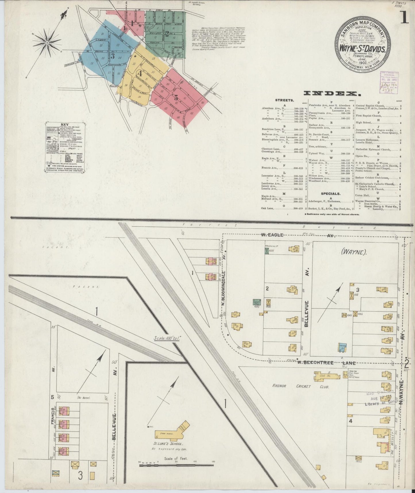 Sanborn Fire Insurance Map from Wayne, Delaware County, Pennsylvania (1902), Sheet #0001 - Historic Sanborn Fire Insurance Map Print, vintage old map wall art, antique decor, genealogy gift, Wayne Delaware map