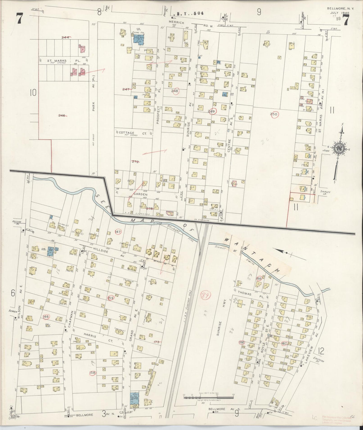 Sanborn Fire Insurance Map from Bellmore, Nassau County, New York (1945), Sheet #0007 - Historic Sanborn Fire Insurance Map Print, vintage old map wall art, antique decor, genealogy gift, New York New York map