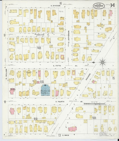 Sanborn Fire Insurance Map from Ann Arbor, Washtenaw County, Michigan (1908), Sheet #0014 - Historic Sanborn Fire Insurance Map Print, vintage old map wall art, antique decor, genealogy gift, Michigan Michigan map