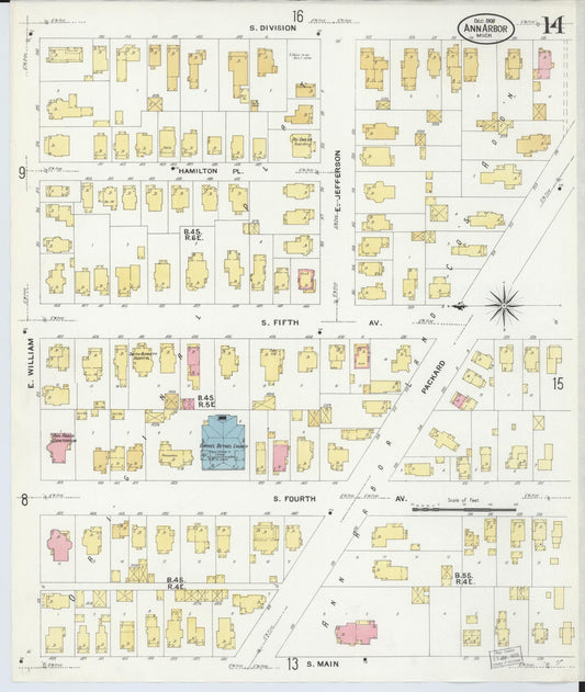 Sanborn Fire Insurance Map from Ann Arbor, Washtenaw County, Michigan (1908), Sheet #0014 - Historic Sanborn Fire Insurance Map Print, vintage old map wall art, antique decor, genealogy gift, Michigan Michigan map