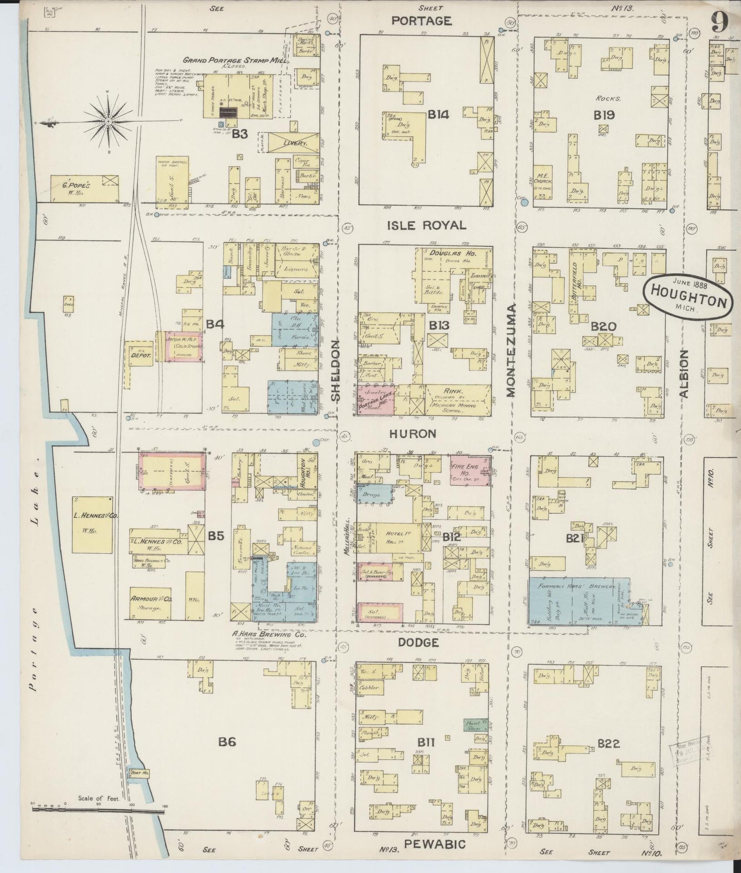 Sanborn Fire Insurance Map from Houghton, Houghton County, Michigan (1888), Sheet #0009 - Complete Map Set gallery image, historic Sanborn map, vintage wall art, Michigan Michigan