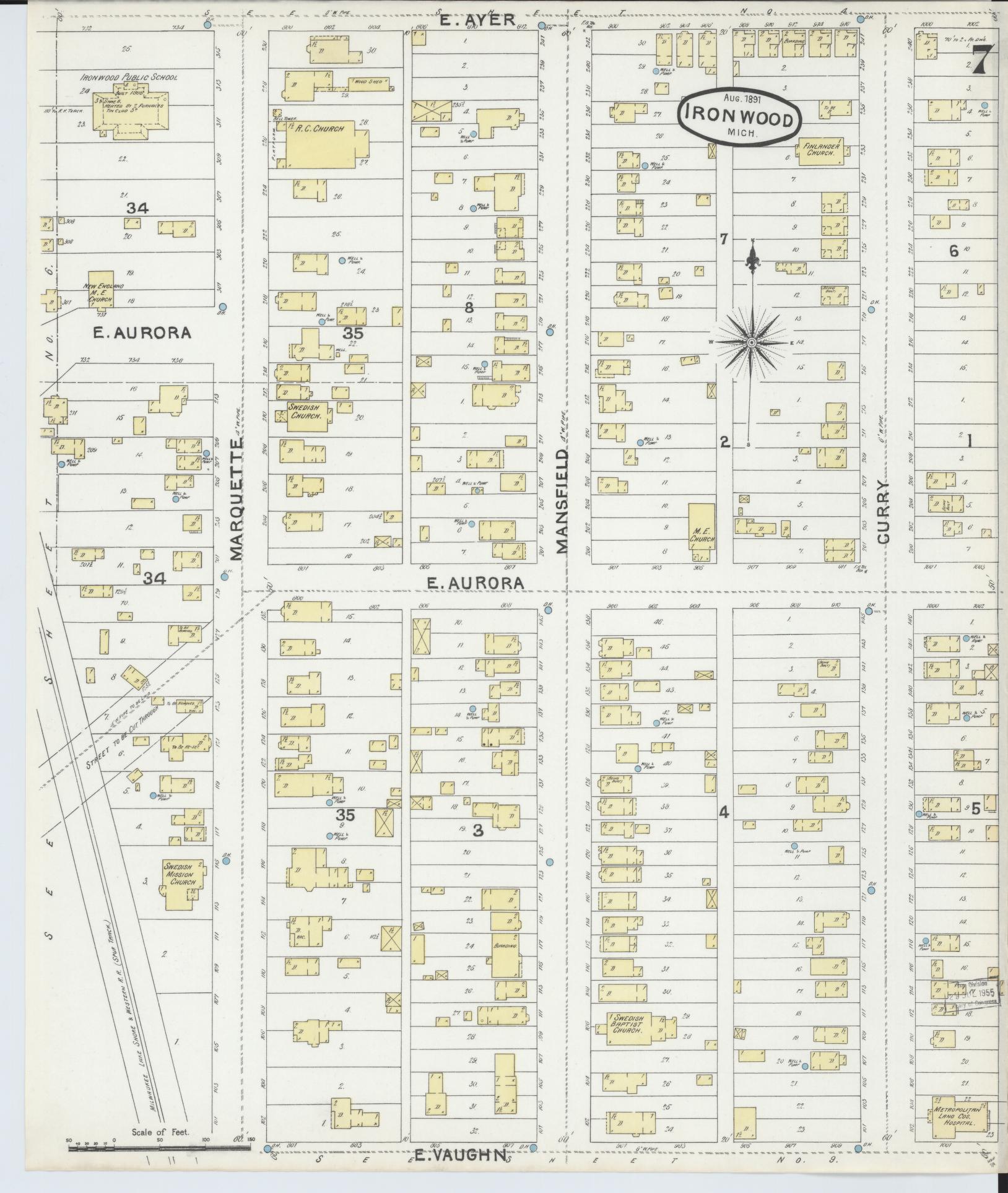 Sanborn Fire Insurance Map from Ironwood, Gogebic County, Michigan (1891), Sheet #0007 - Complete Map Set gallery image, historic Sanborn map, vintage wall art, Michigan Michigan