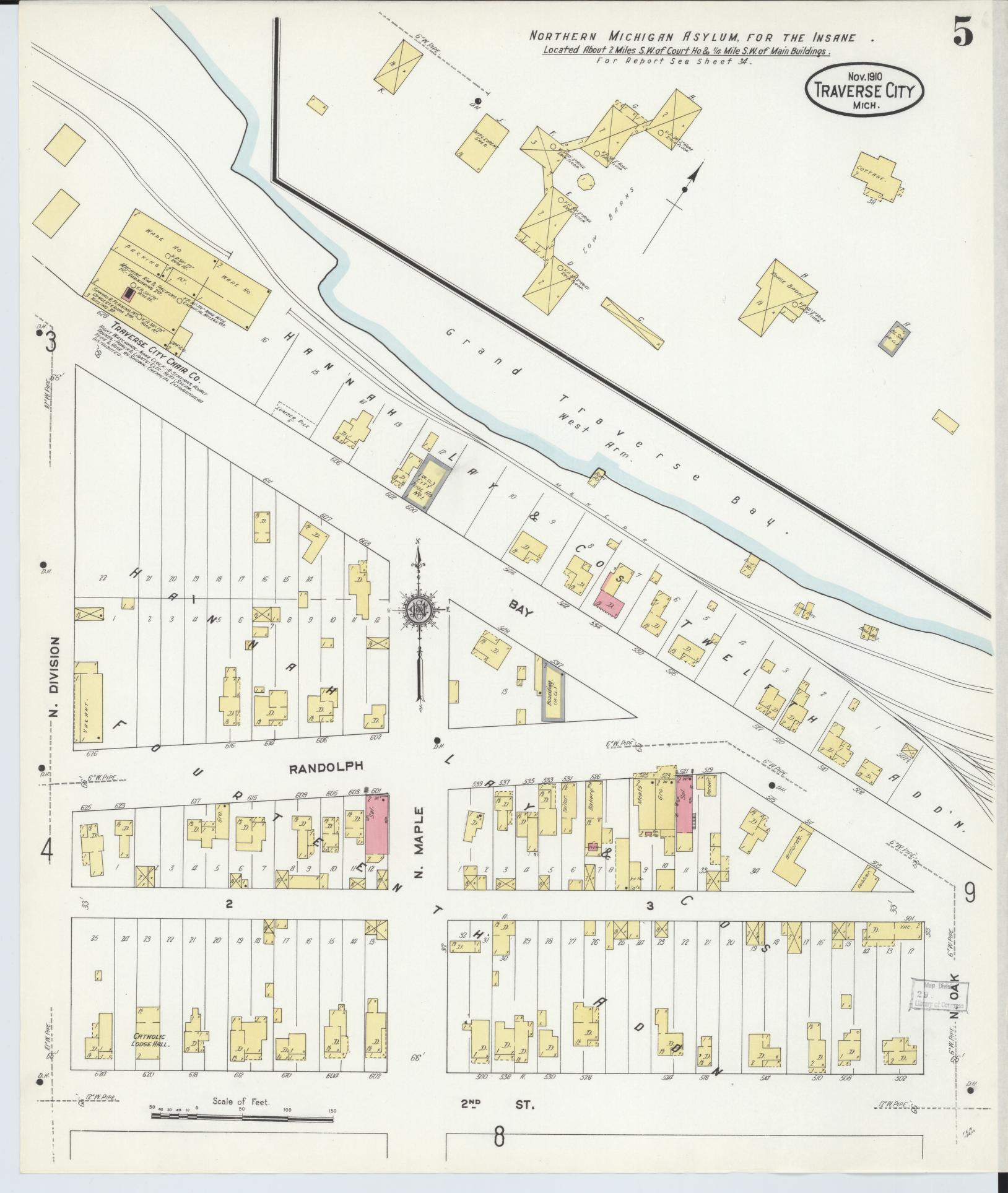 Sanborn Fire Insurance Map from Traverse City, Grand Traverse County, Michigan (1910), Sheet #0005 - Complete Map Set gallery image, historic Sanborn map, vintage wall art, Michigan Michigan