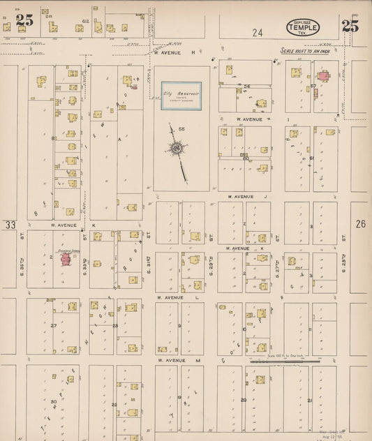 Sanborn Fire Insurance Map from Temple, Bell County, Texas (1922), Sheet #0025 - Historic Sanborn Fire Insurance Map Print, vintage old map wall art, antique decor, genealogy gift, Texas Texas map