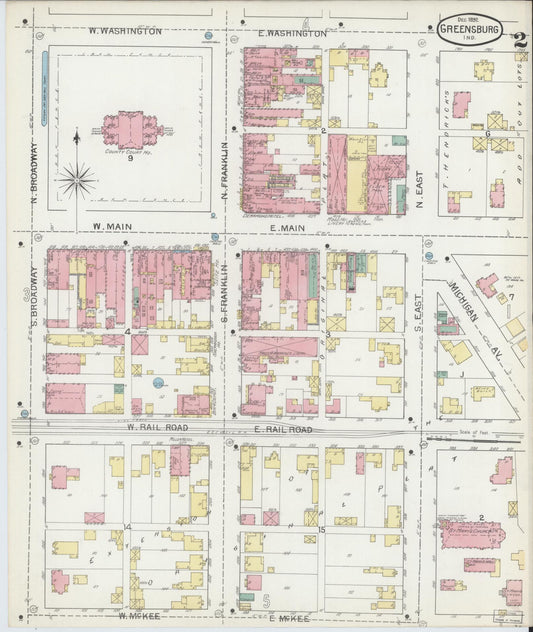 Sanborn Fire Insurance Map from Greensburg, Decatur County, Indiana (1897), Sheet #0002 - Historic Sanborn Fire Insurance Map Print, vintage old map wall art, antique decor, genealogy gift, Indiana Indiana map