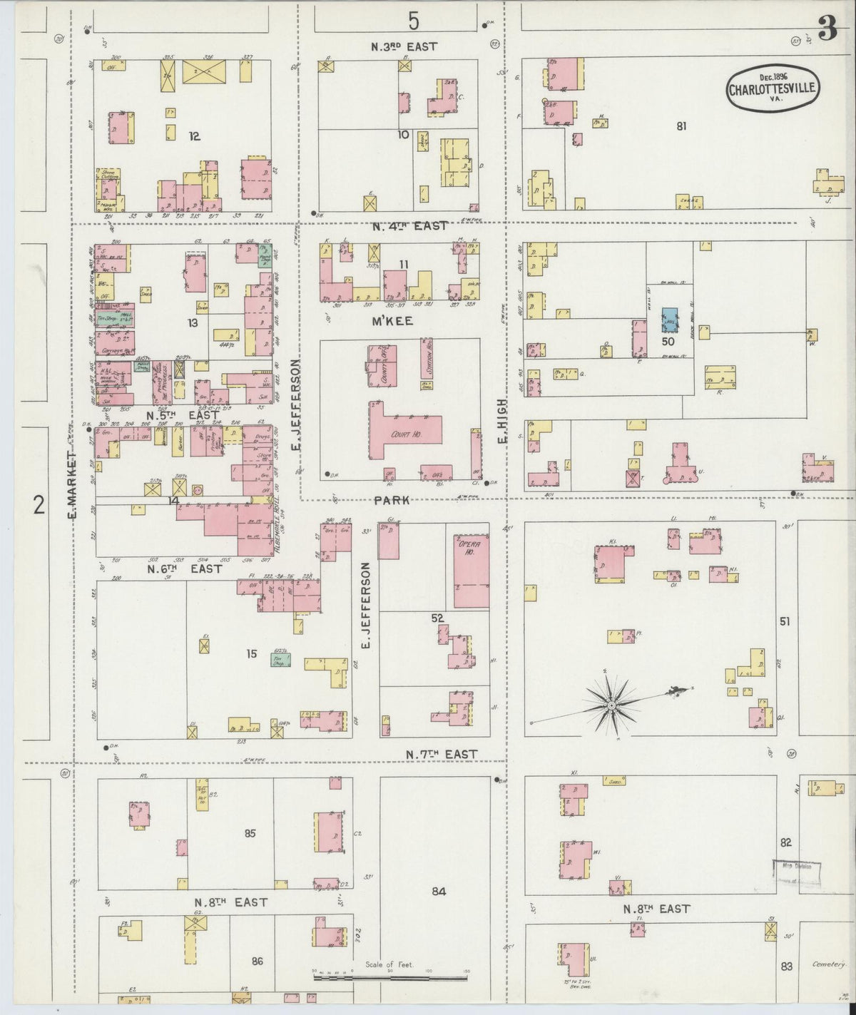 Sanborn Fire Insurance Map from Charlottesville, Independent Cities, Virginia (1896), Sheet #0003 - Historic Sanborn Fire Insurance Map Print, vintage old map wall art, antique decor, genealogy gift, Virginia Virginia map