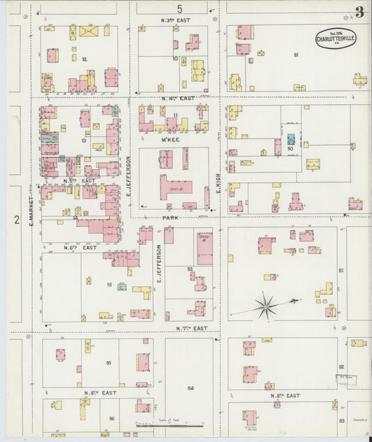 Sanborn Fire Insurance Map from Charlottesville, Independent Cities, Virginia (1896), Sheet #0003 - Historic Sanborn Fire Insurance Map Print, vintage old map wall art, antique decor, genealogy gift, Virginia Virginia map