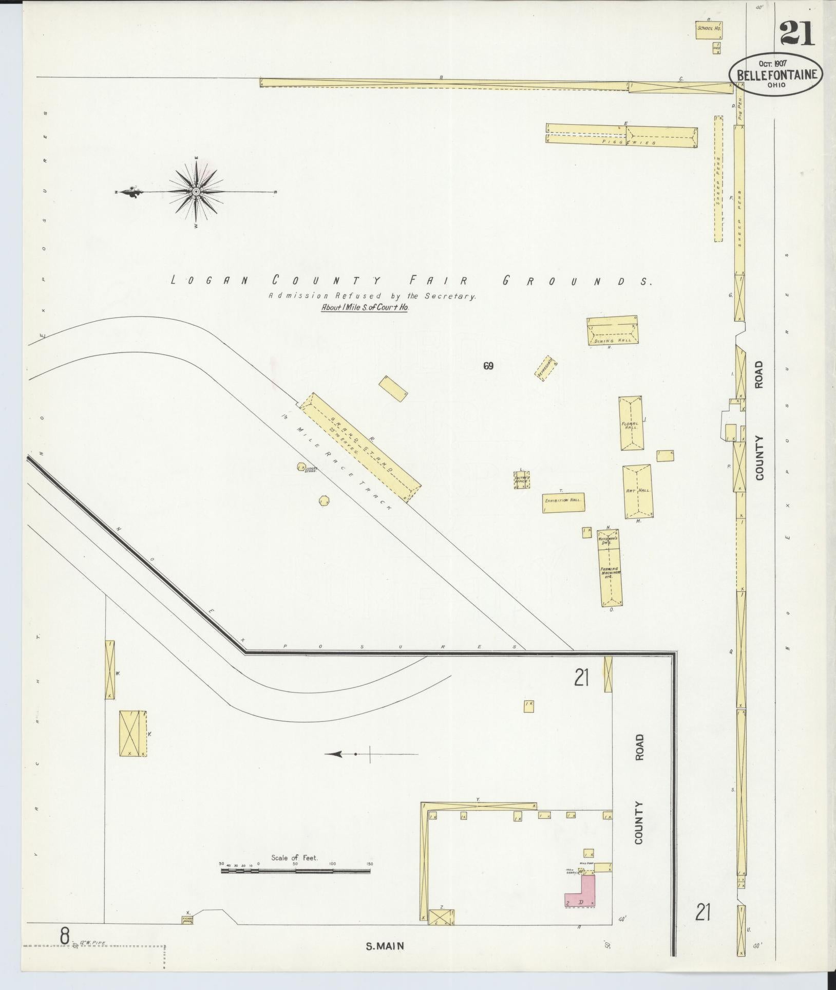 Sanborn Fire Insurance Map from Bellefontaine, Logan County, Ohio (1907), Sheet #0021 - Historic Sanborn Fire Insurance Map Print, vintage old map wall art, antique decor, genealogy gift, Ohio Ohio map