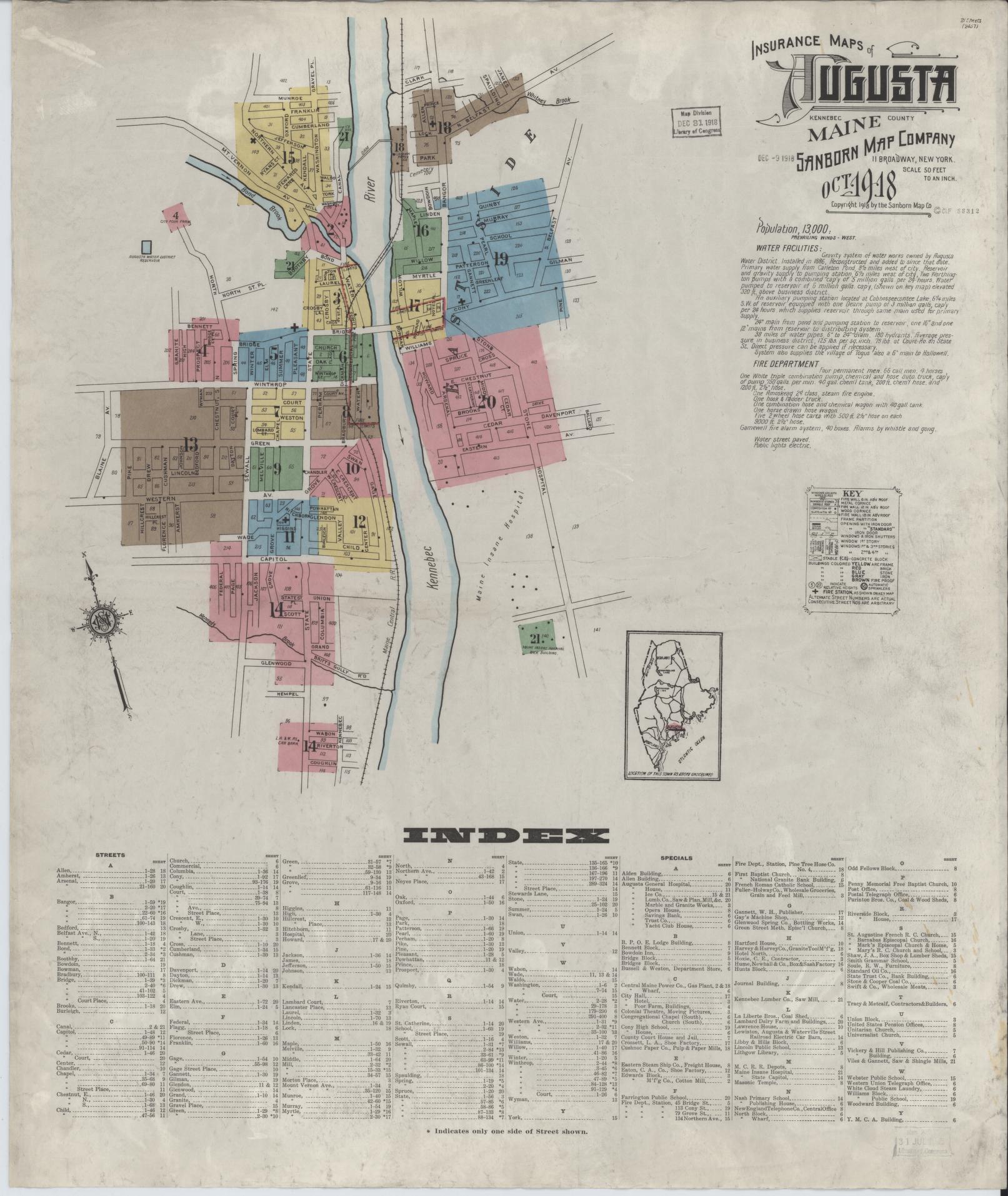 Sanborn Fire Insurance Map from Augusta, Kennebec County, Maine. (1918) – Historic Sanborn Fire Insurance Map Print