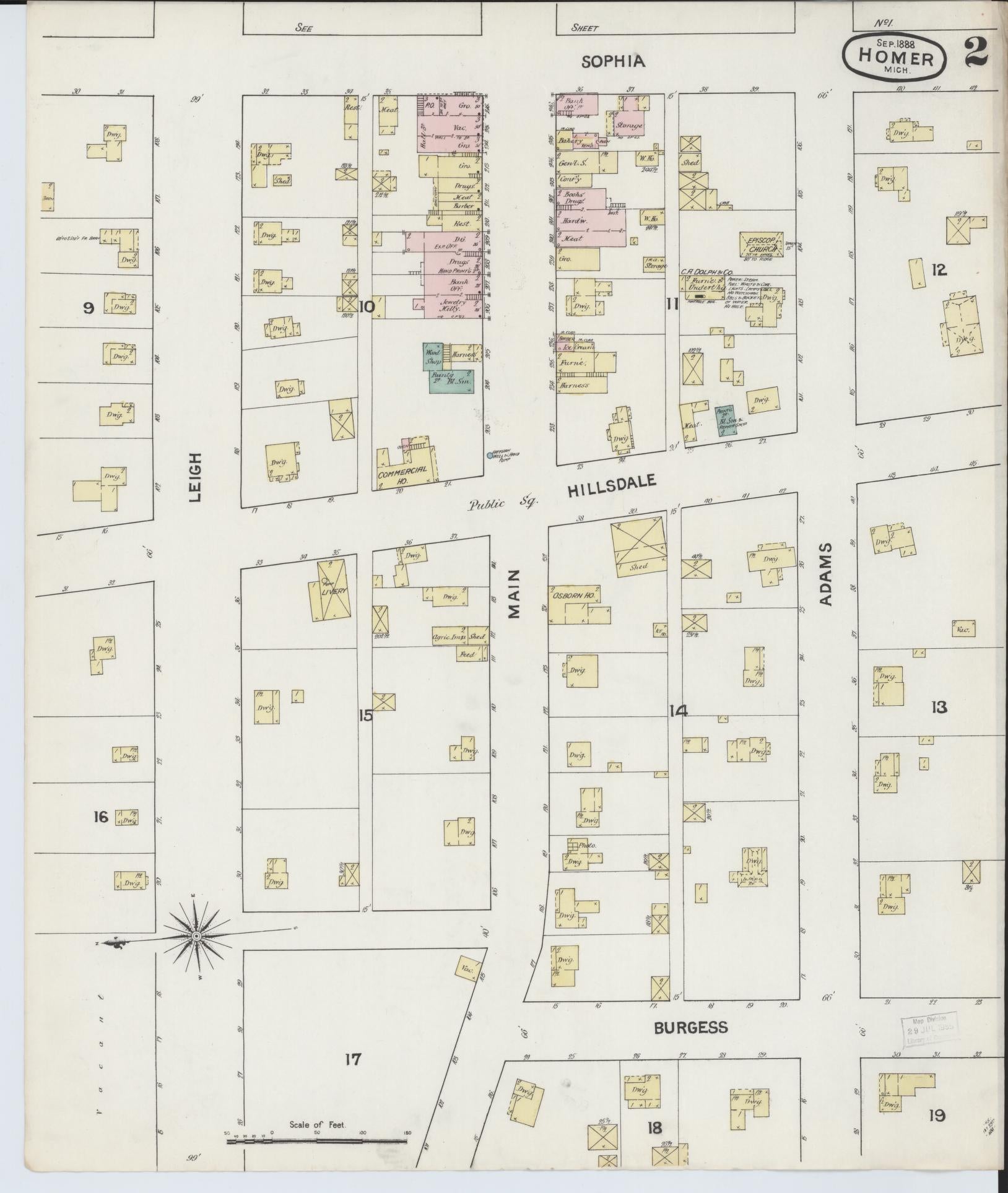Sanborn Fire Insurance Map from Homer, Calhoun County, Michigan (1888), Sheet #0002 - Complete Map Set gallery image, historic Sanborn map, vintage wall art, Michigan Michigan