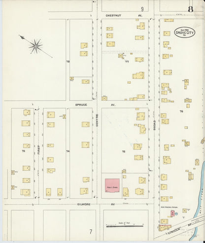 Sanborn Fire Insurance Map from Grove City, Mercer County, Pennsylvania (1906), Sheet #0008 - Historic Sanborn Fire Insurance Map Print, vintage old map wall art, antique decor, genealogy gift, Pennsylvania Pennsylvania map