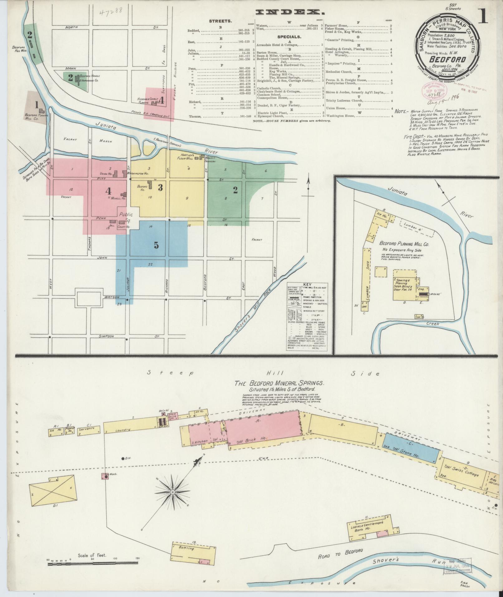 Sanborn Fire Insurance Map from Bedford, Bedford County, Pennsylvania (1896), Sheet #0001 - Historic Sanborn Fire Insurance Map Print, vintage old map wall art, antique decor, genealogy gift, Pennsylvania Pennsylvania map