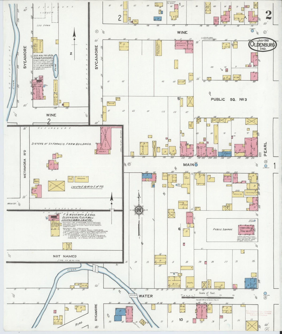 Sanborn Fire Insurance Map from Oldenburg, Franklin County, Indiana (1919), Sheet #0002 - Historic Sanborn Fire Insurance Map Print, vintage old map wall art, antique decor, genealogy gift, Indiana Indiana map
