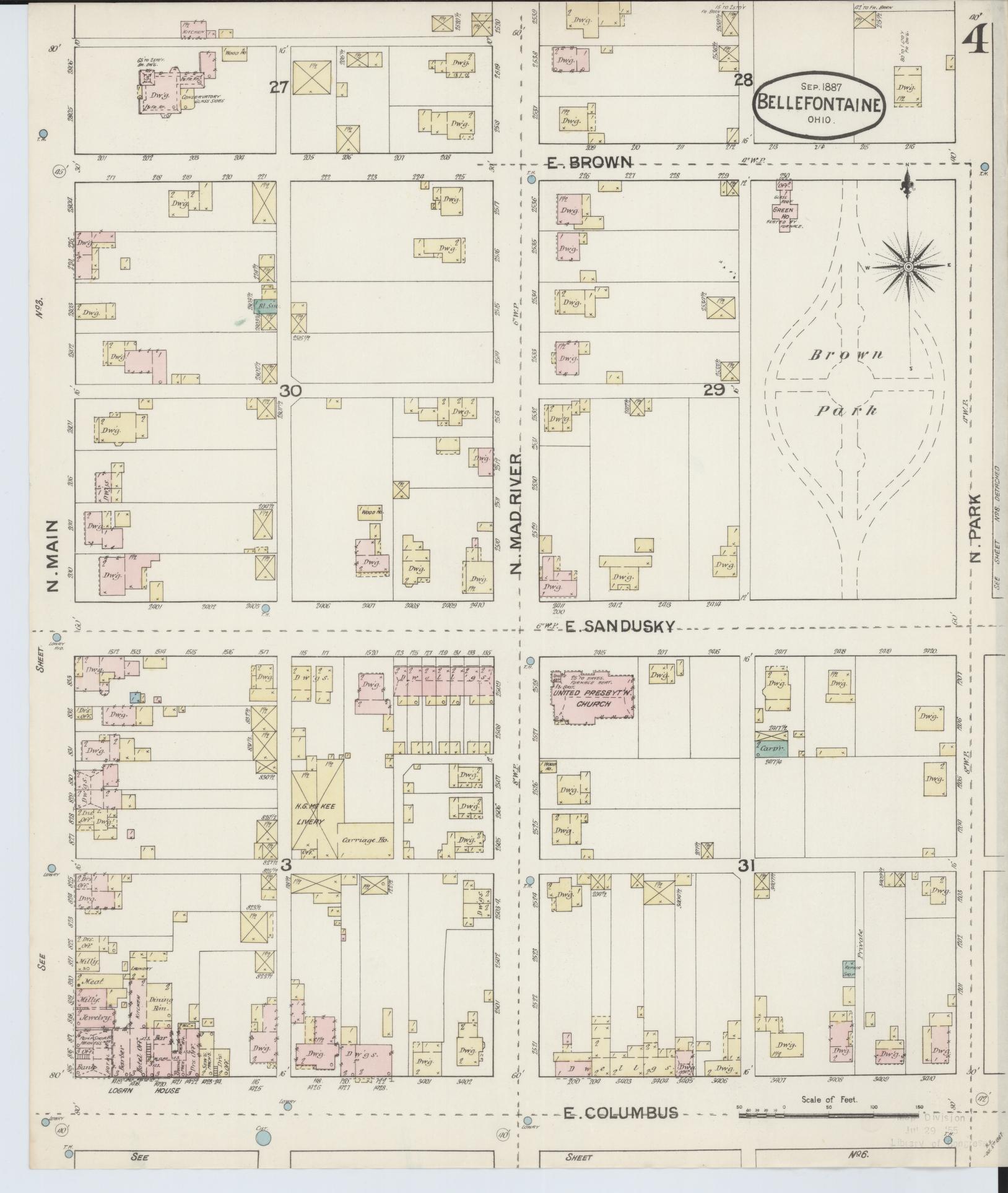 Sanborn Fire Insurance Map from Bellefontaine, Logan County, Ohio (1887), Sheet #0004 - Historic Sanborn Fire Insurance Map Print, vintage old map wall art, antique decor, genealogy gift, Ohio Ohio map