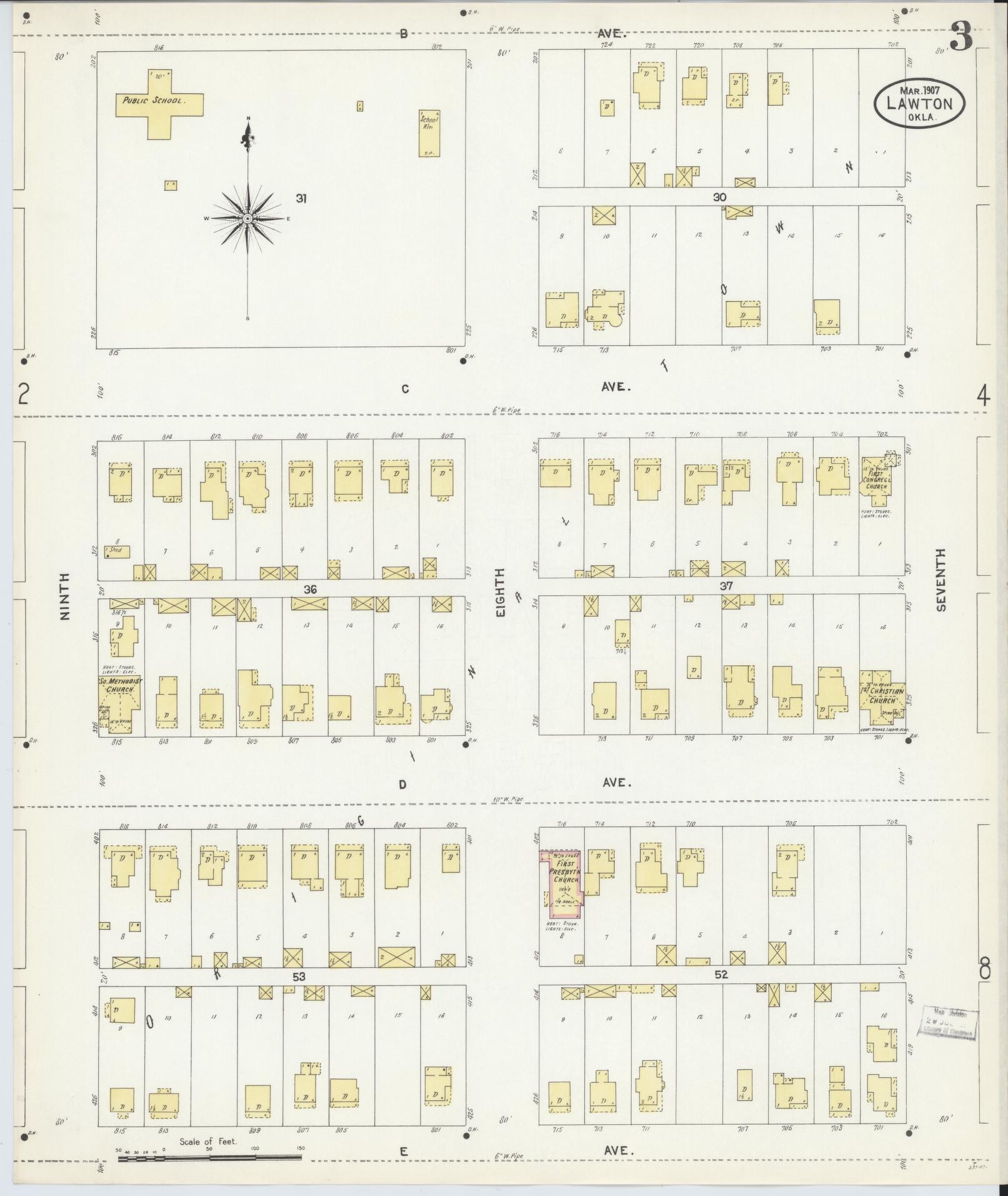 Sanborn Fire Insurance Map from Lawton, Comanche County, Oklahoma (1907), Sheet #0003 - Complete Map Set gallery image, historic Sanborn map, vintage wall art, Oklahoma Oklahoma