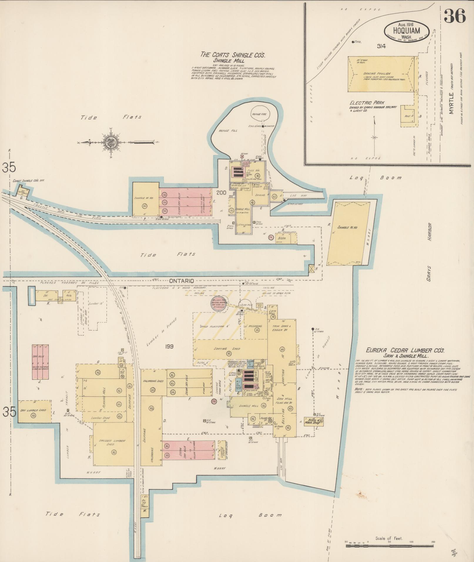 Sanborn Fire Insurance Map from Hoquiam, Grays Harbor County, Washington (1916), Sheet #0036 - Historic Sanborn Fire Insurance Map Print, vintage old map wall art, antique decor, genealogy gift, Washington Washington map